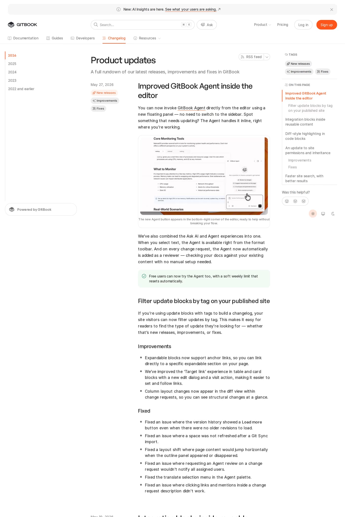 GitBook — screenshot of the changelog page