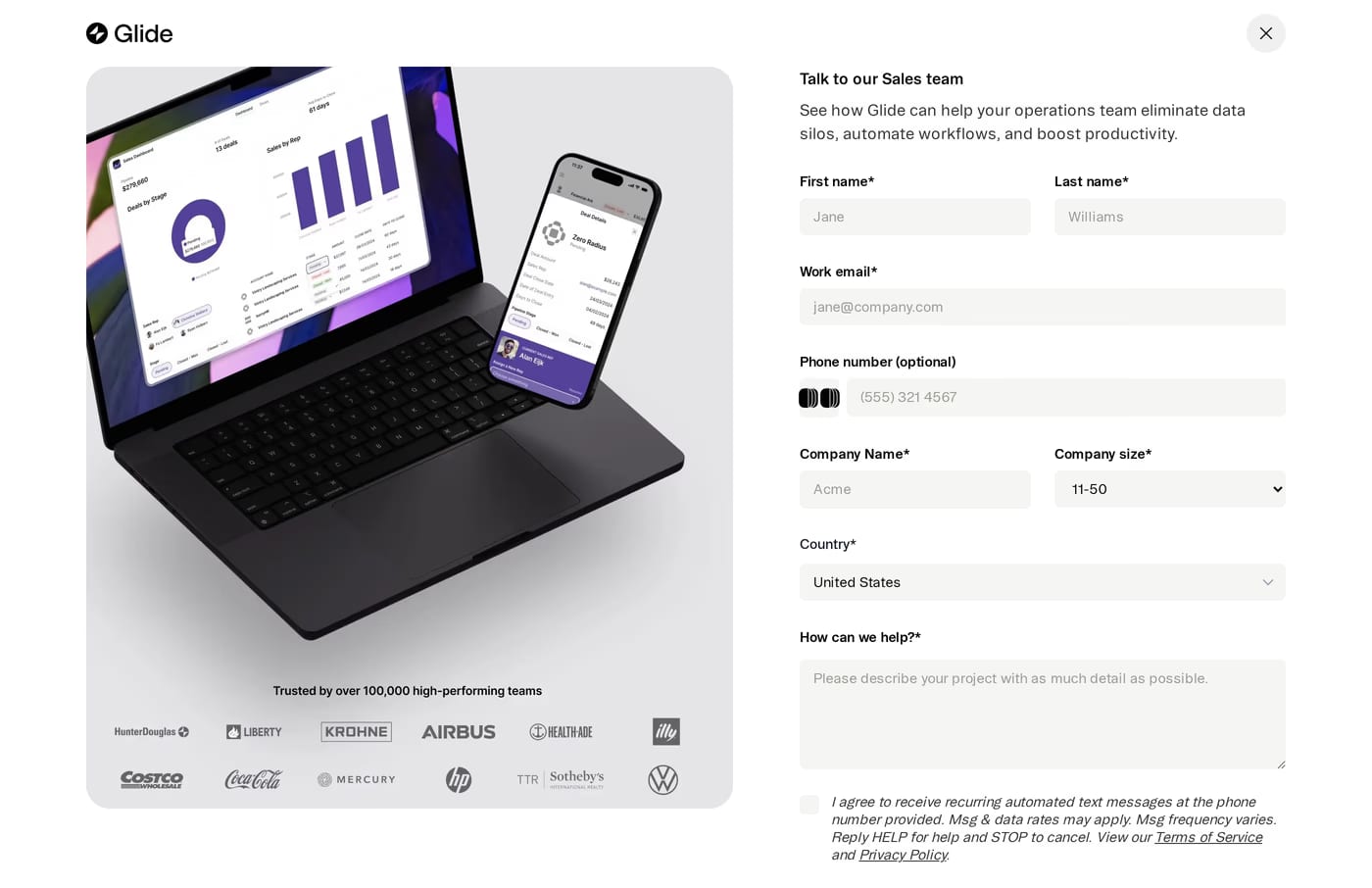 Glide — screenshot of the contact page