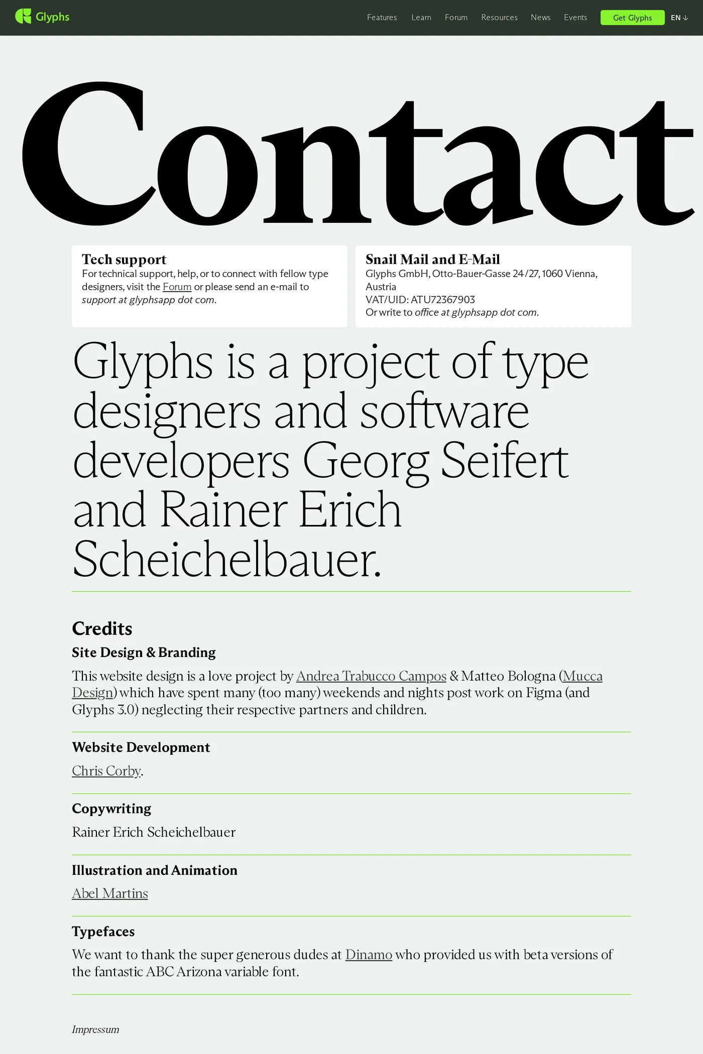 Glyphs — screenshot of the contact page