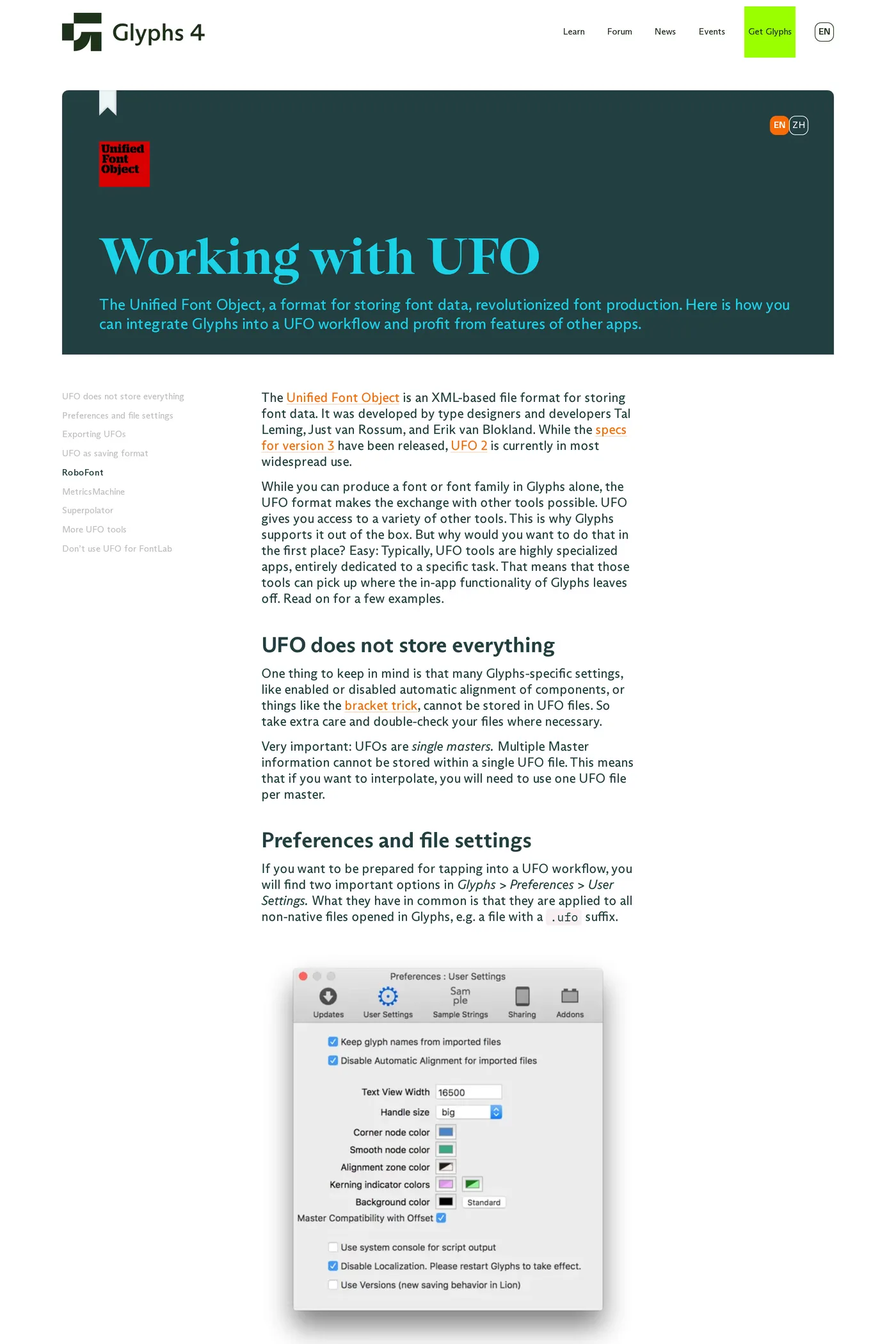 Glyphs — screenshot of the docs page