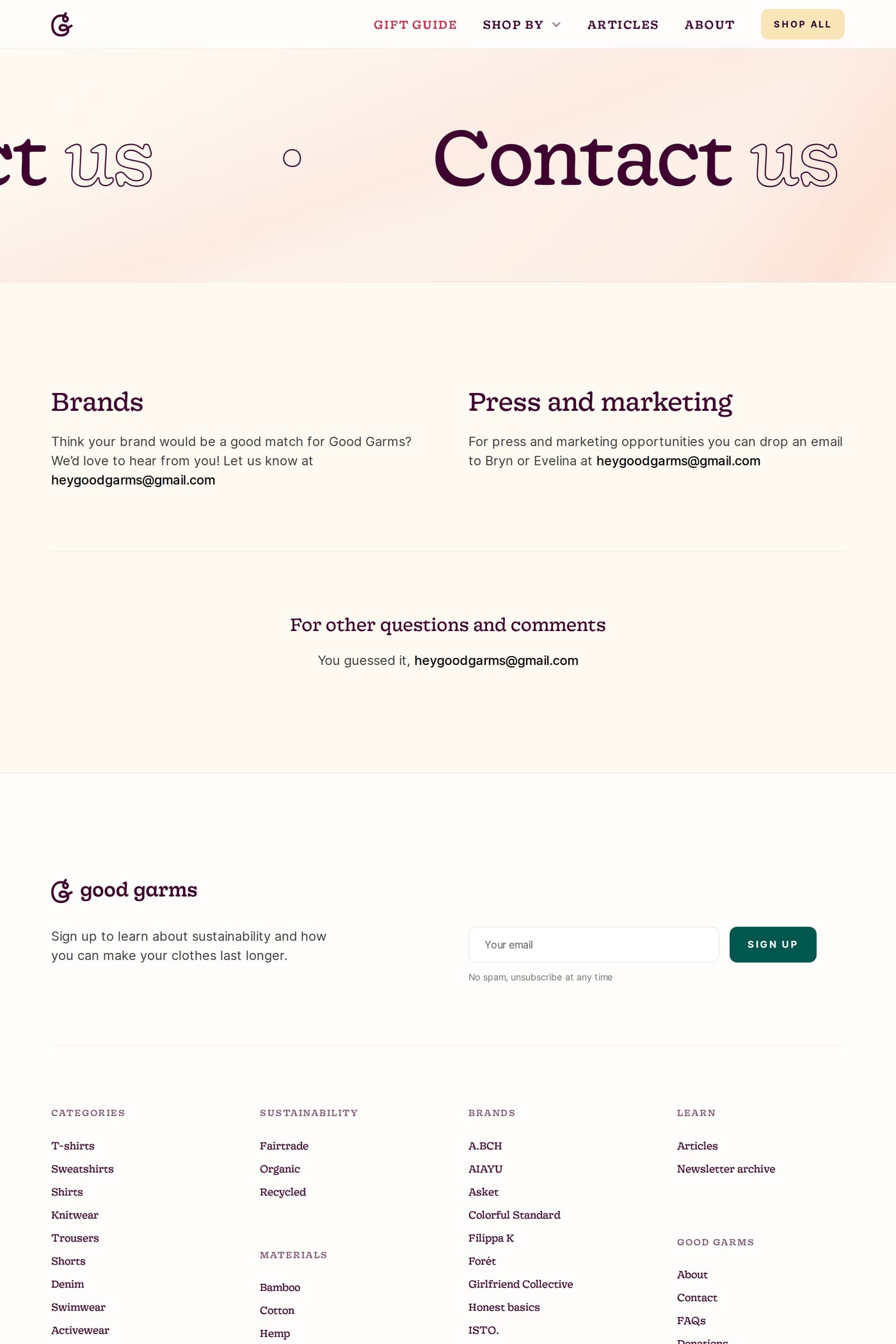 Good Garms — screenshot of the contact page