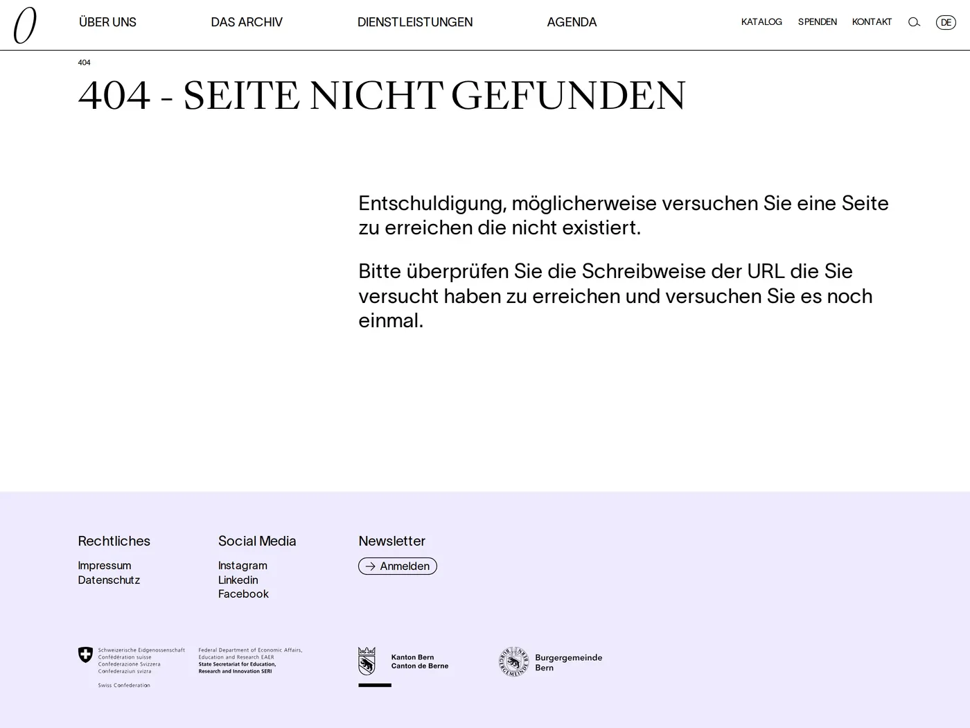 Gosteli-Archiv — screenshot of the 404 page