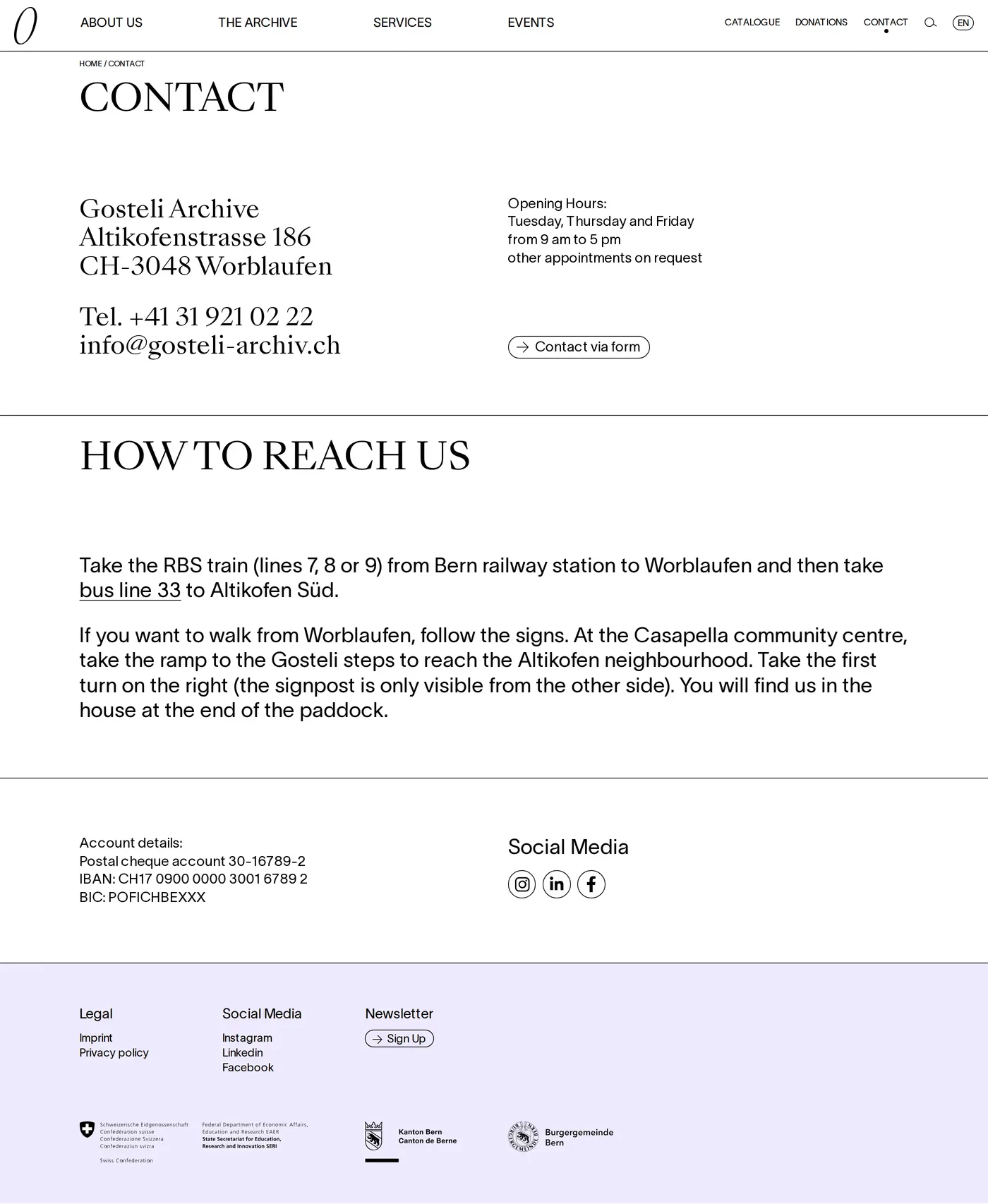 Gosteli-Archiv — screenshot of the contact page