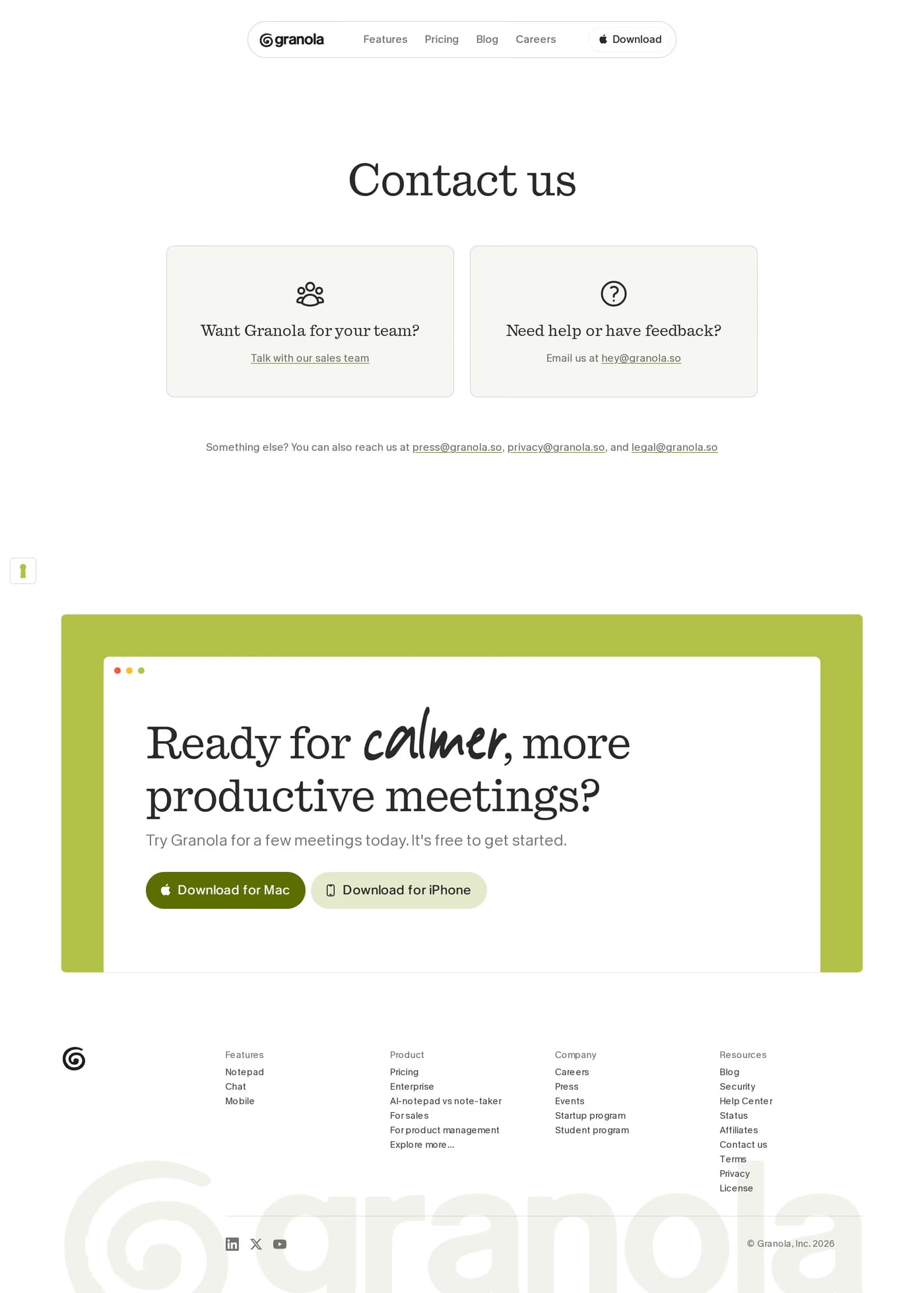 Granola contact page