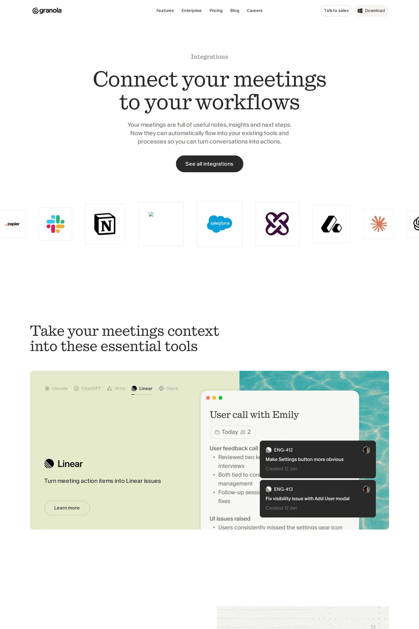 Granola — screenshot of the integrations page