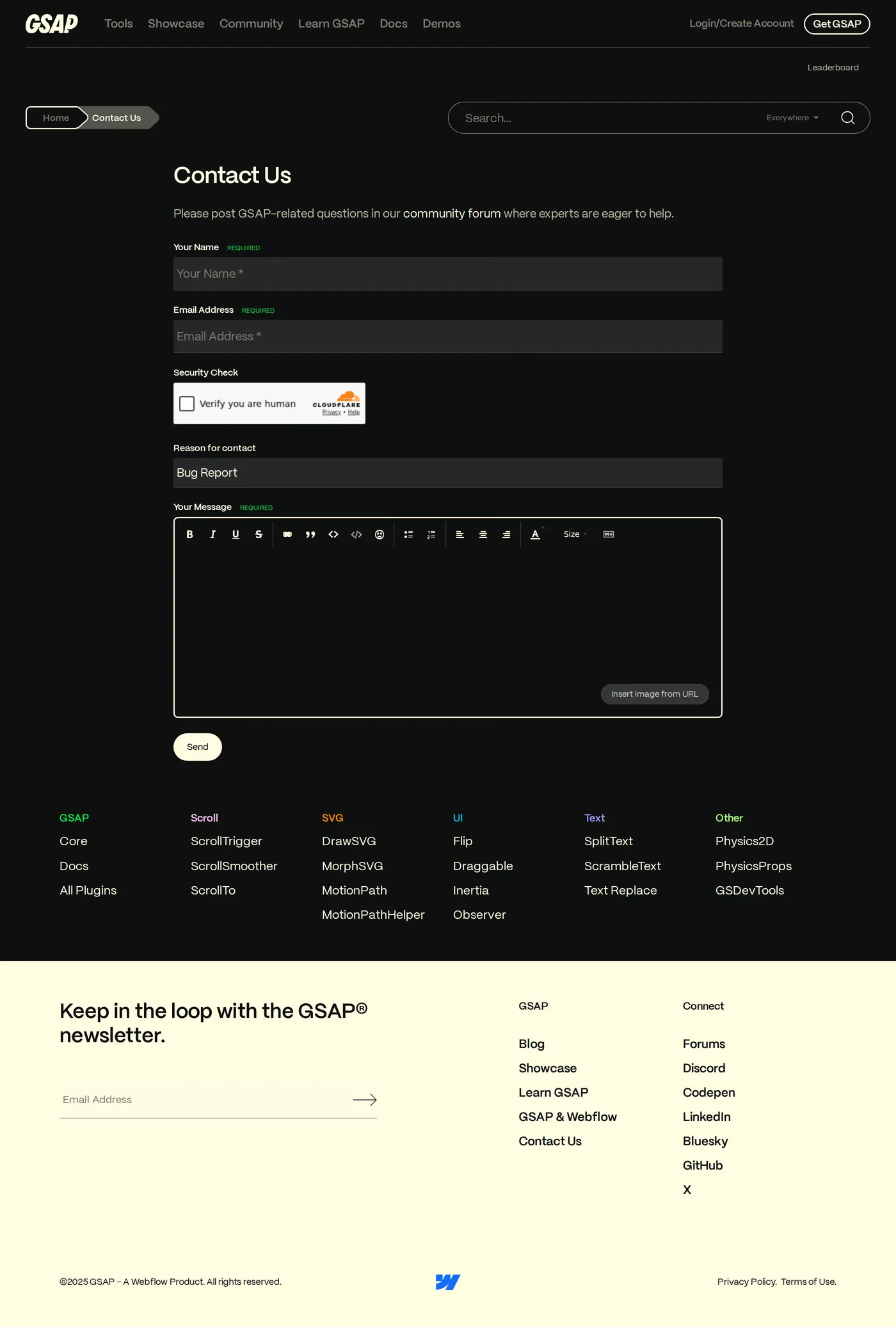 GSAP — screenshot of the contact page