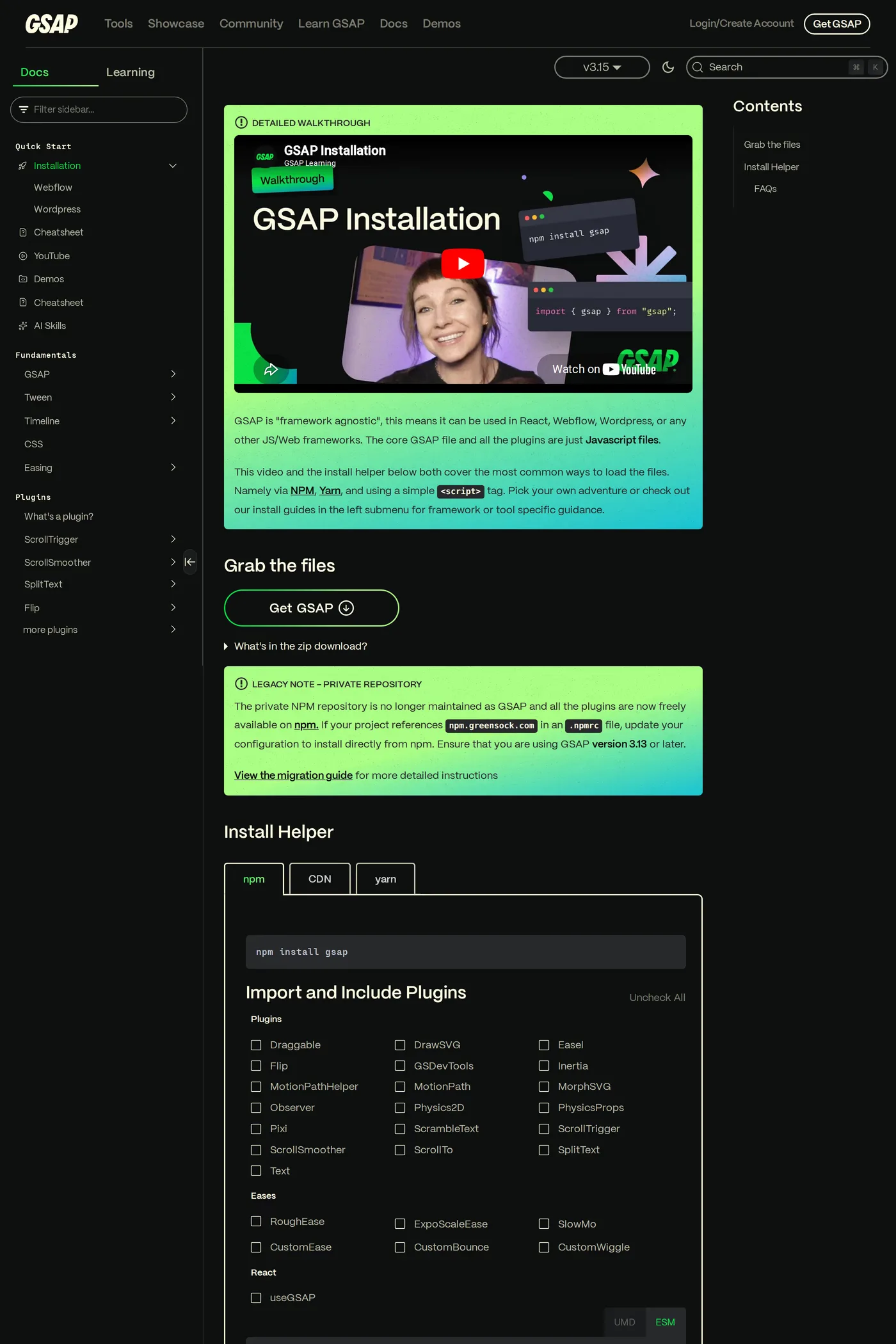 GSAP — screenshot of the docs page