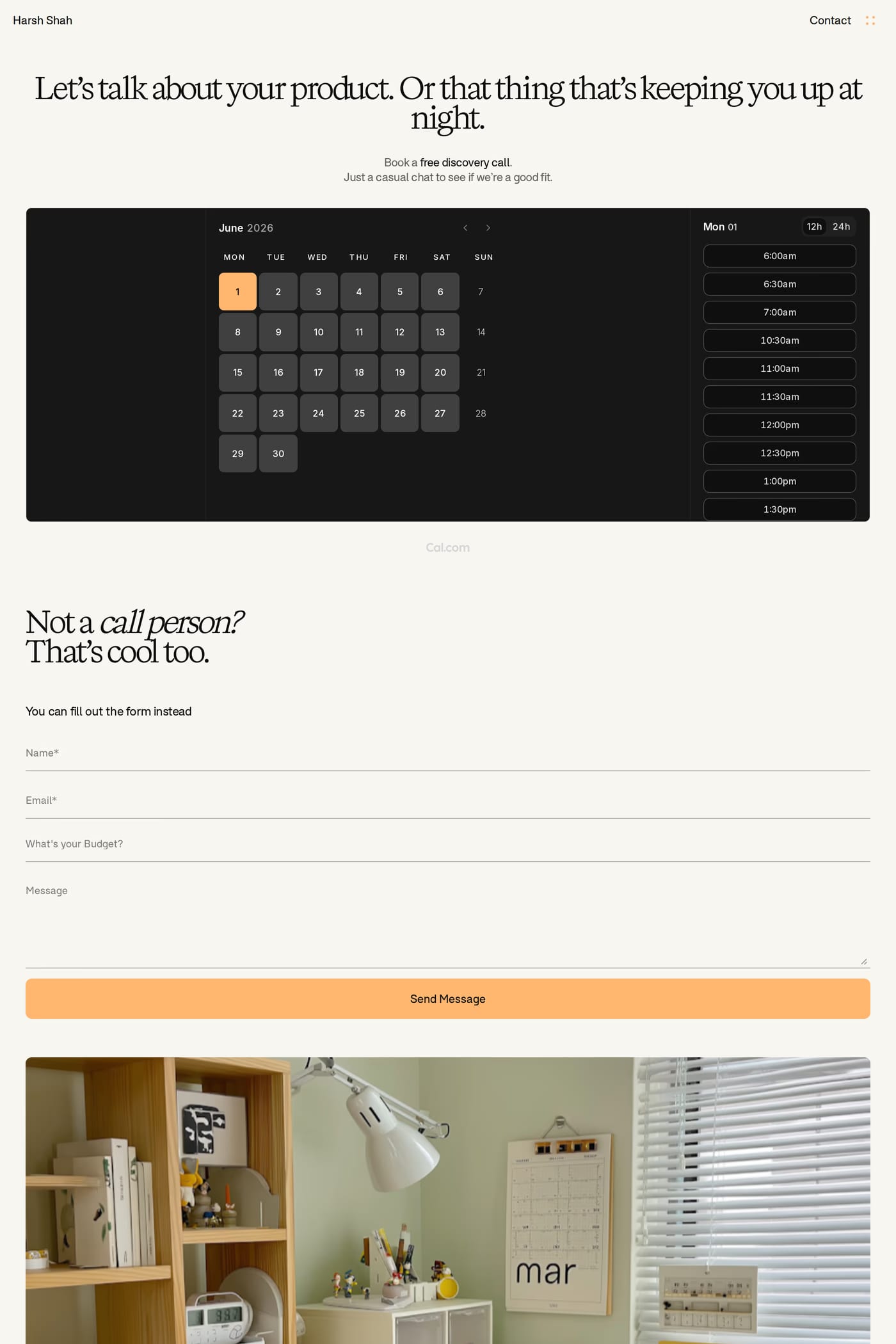 Harsh Shah — screenshot of the contact page