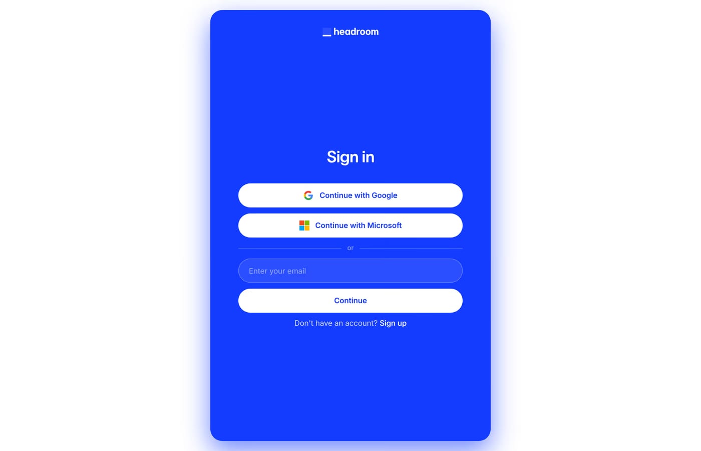 Headroom — screenshot of the login page