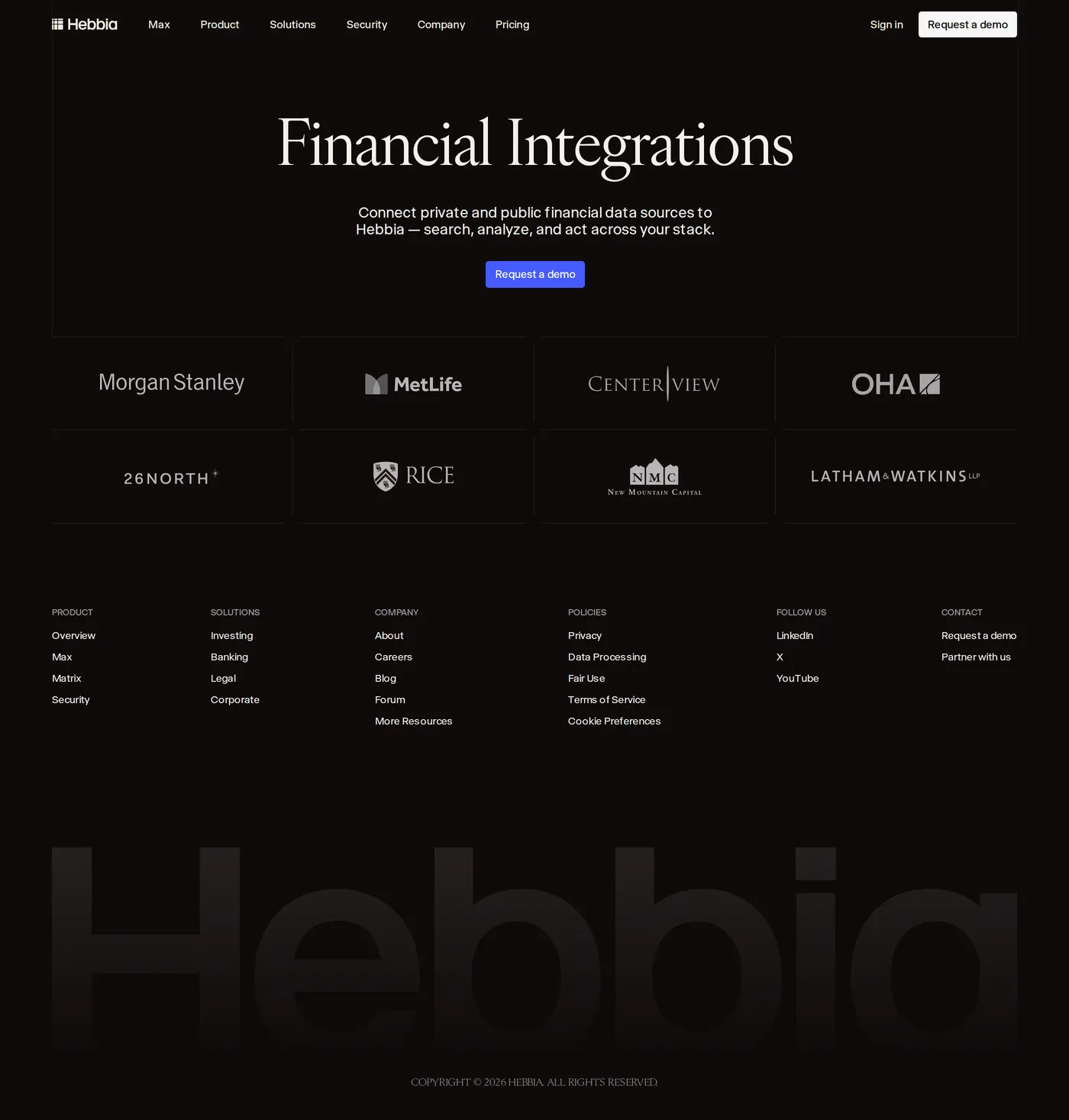 Hebbia — screenshot of the integrations page