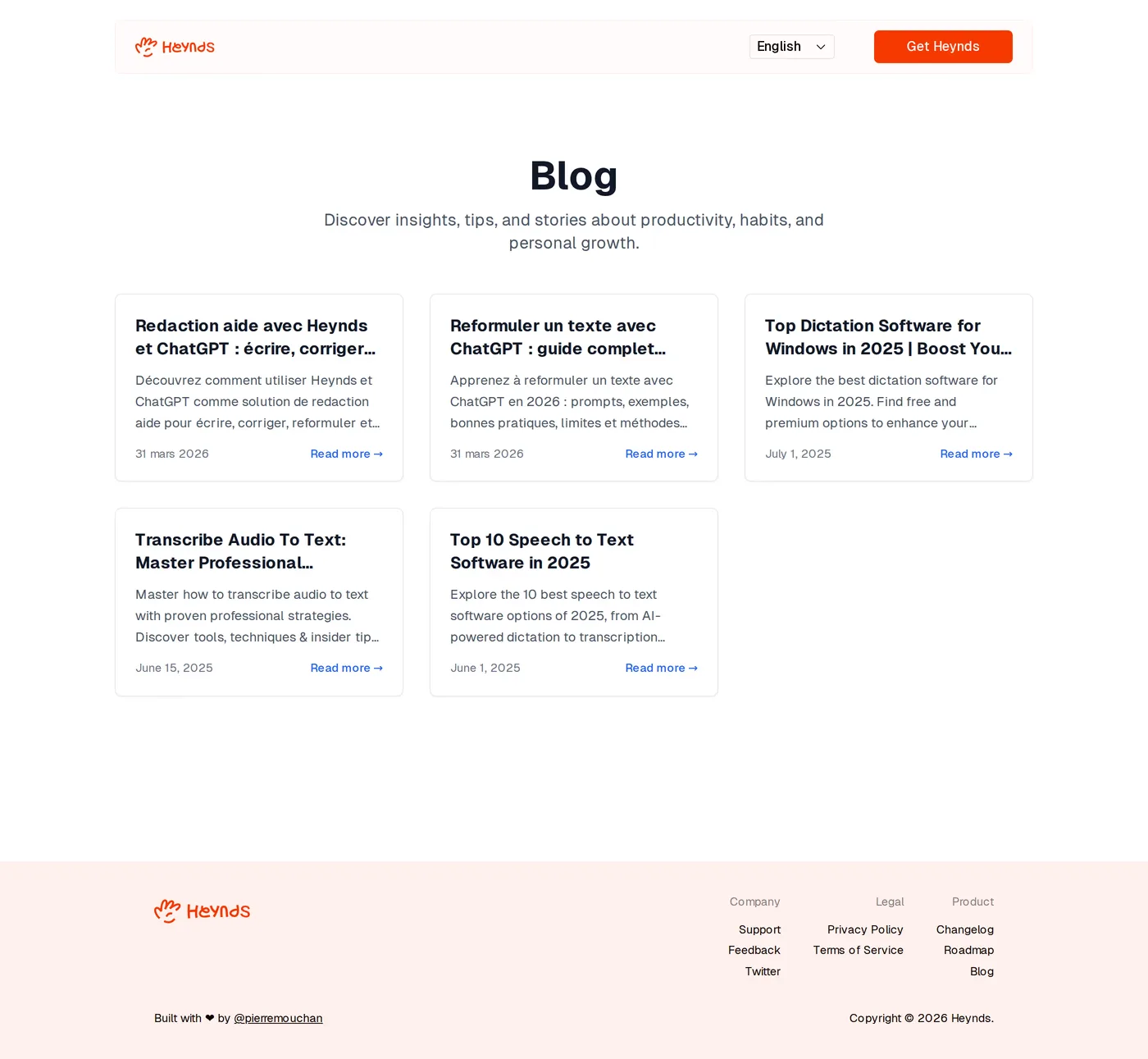 Heynds — screenshot of the blog page