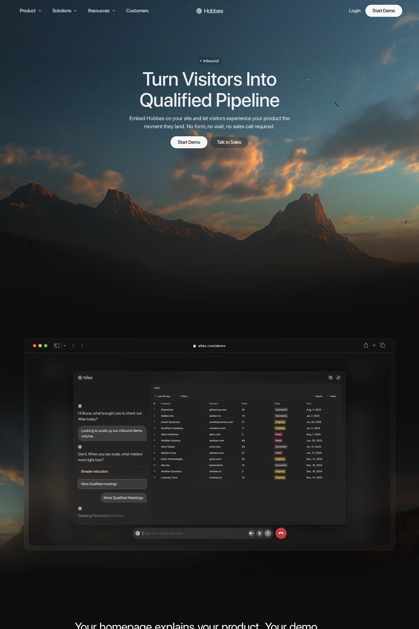 Hobbes — screenshot of the features page