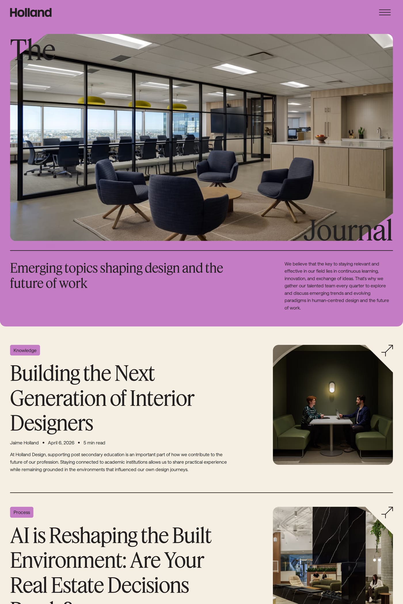 Holland Design — screenshot of the blog page