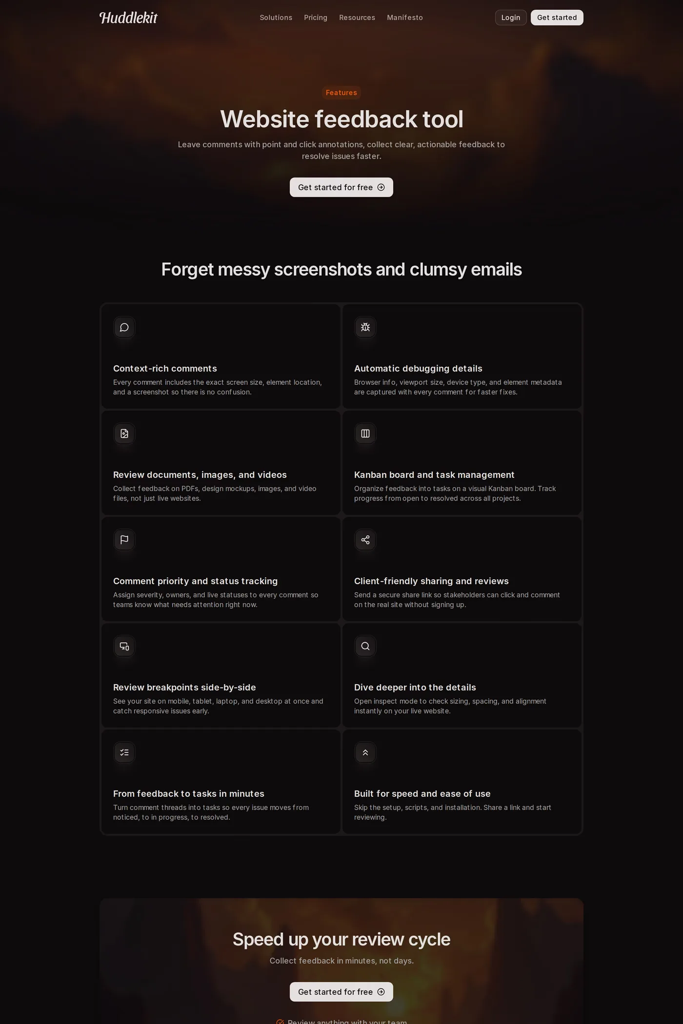 Huddlekit — screenshot of the features page