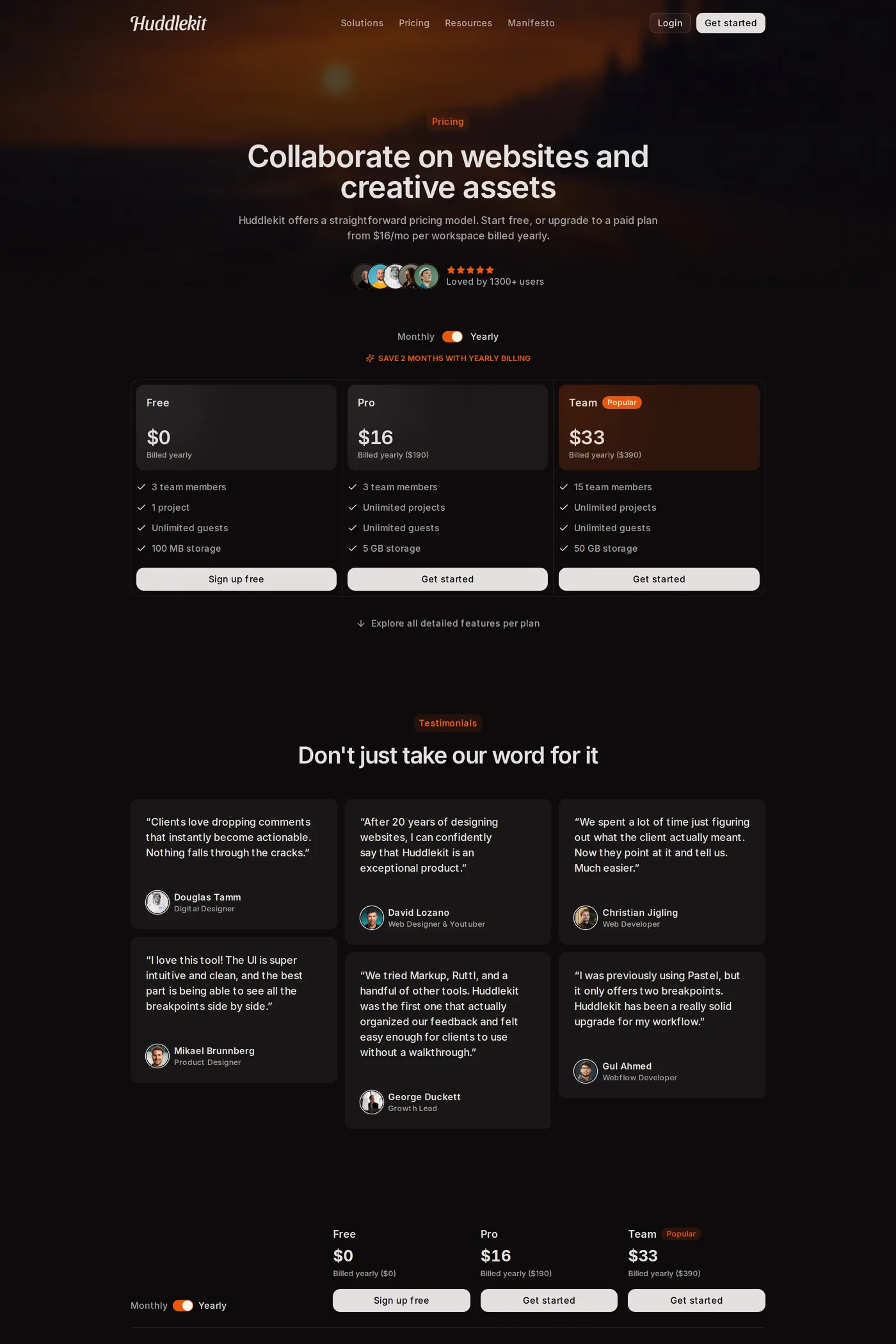Huddlekit — screenshot of the pricing page