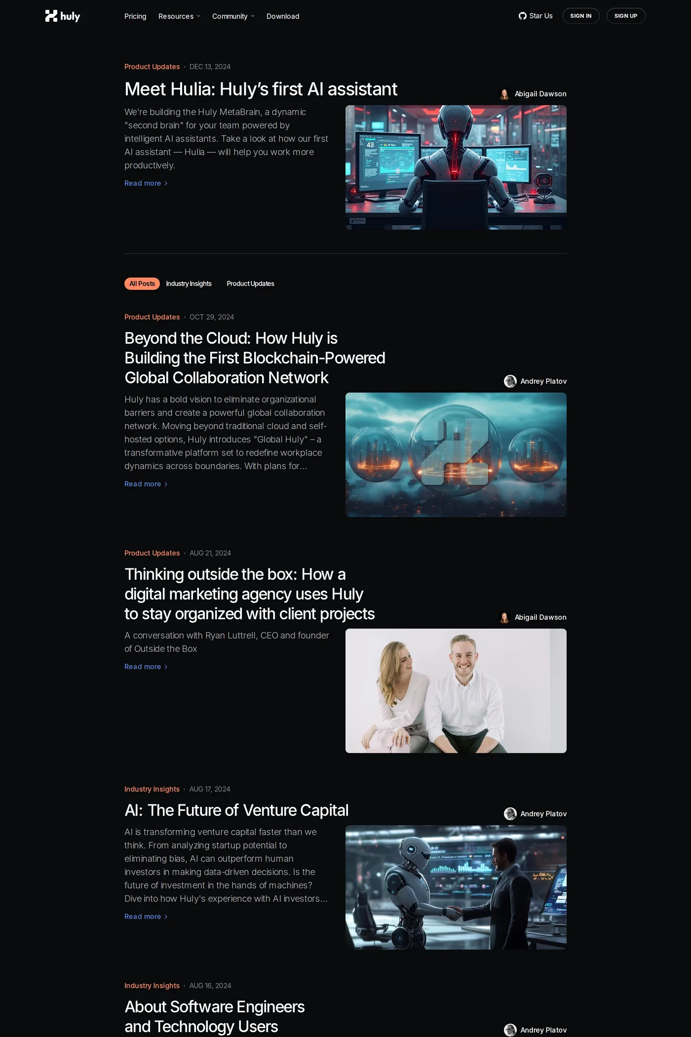 Huly — screenshot of the blog page