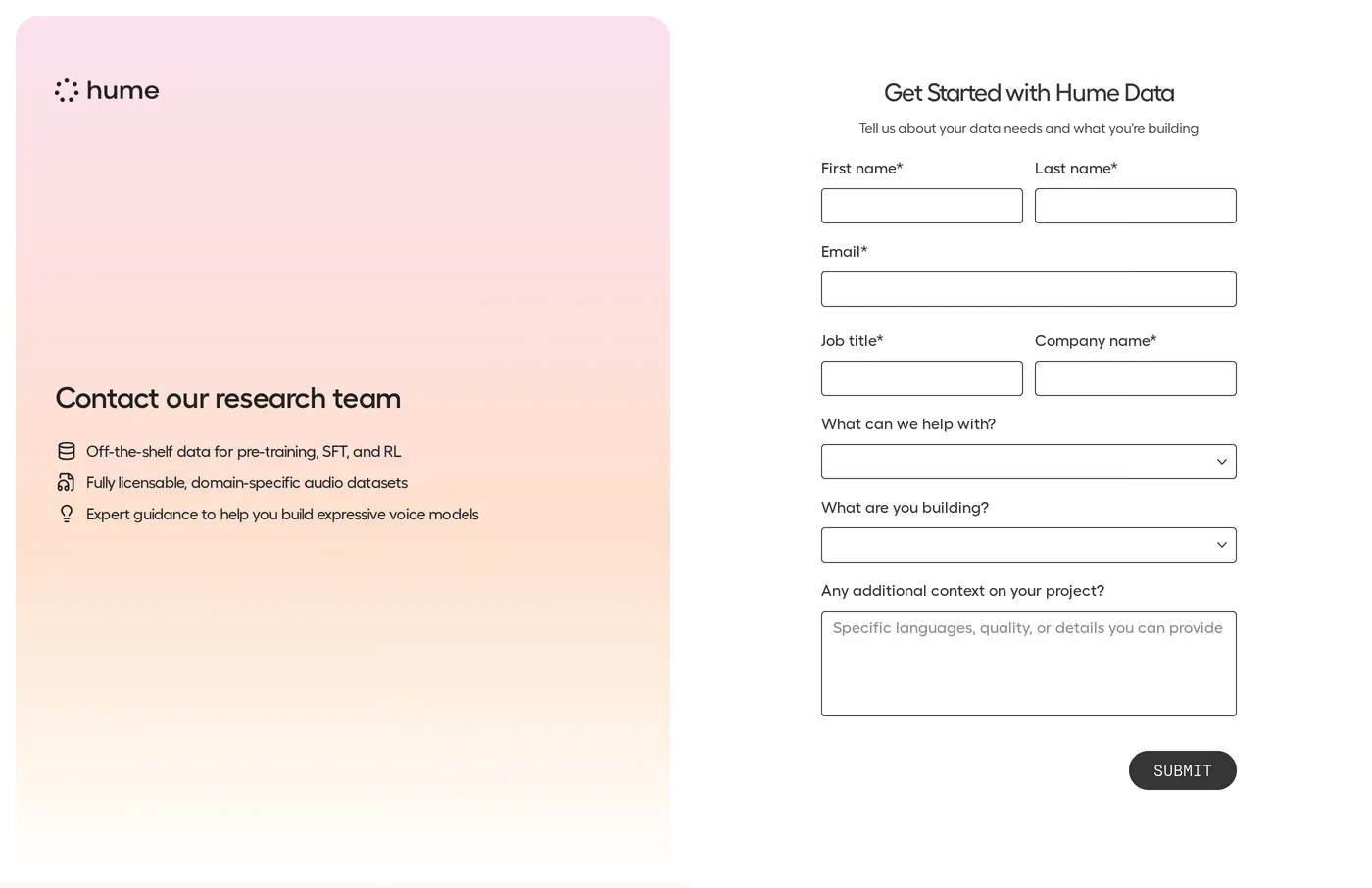Hume AI — screenshot of the contact page