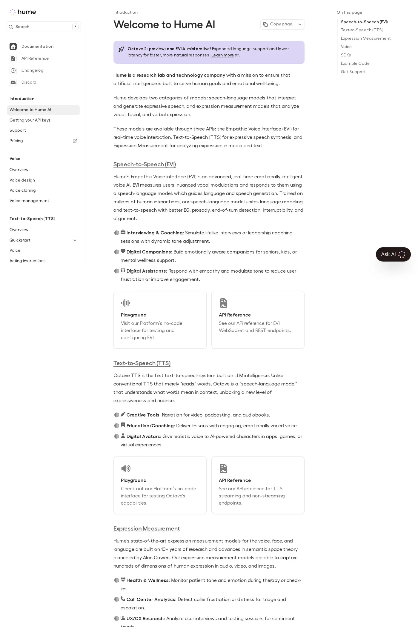 Hume AI — screenshot of the docs page