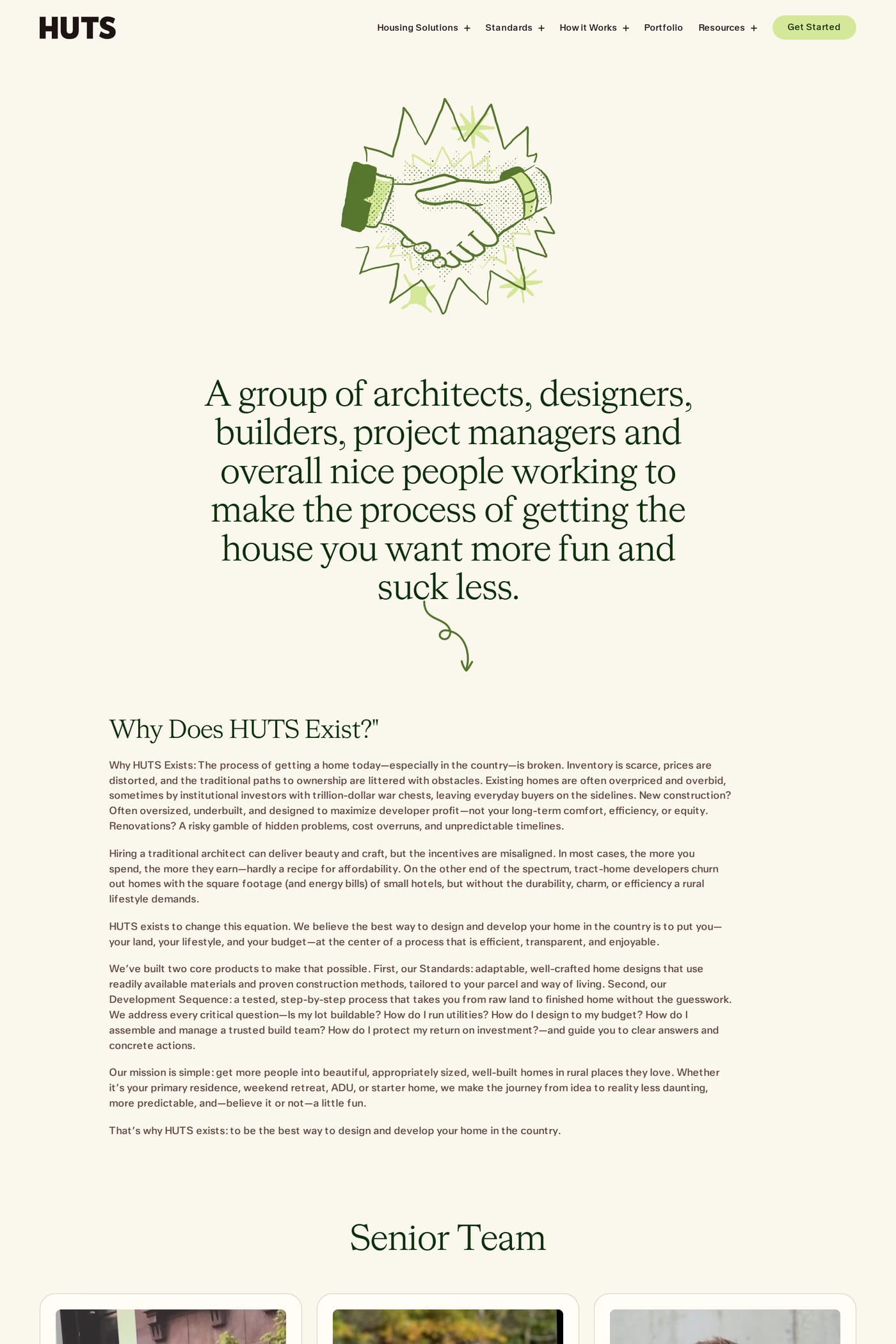 Huts — screenshot of the about page