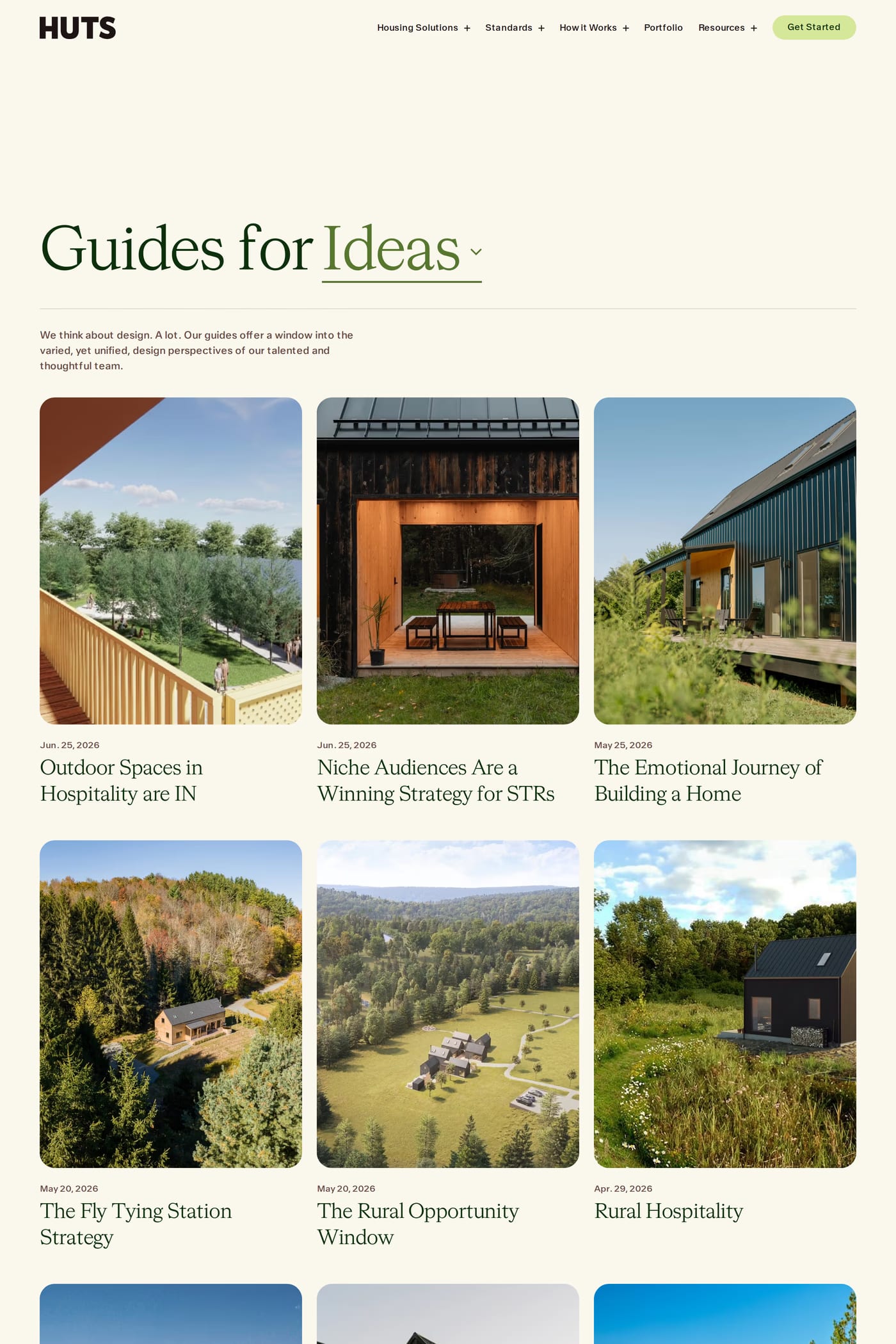 Huts — screenshot of the blog page