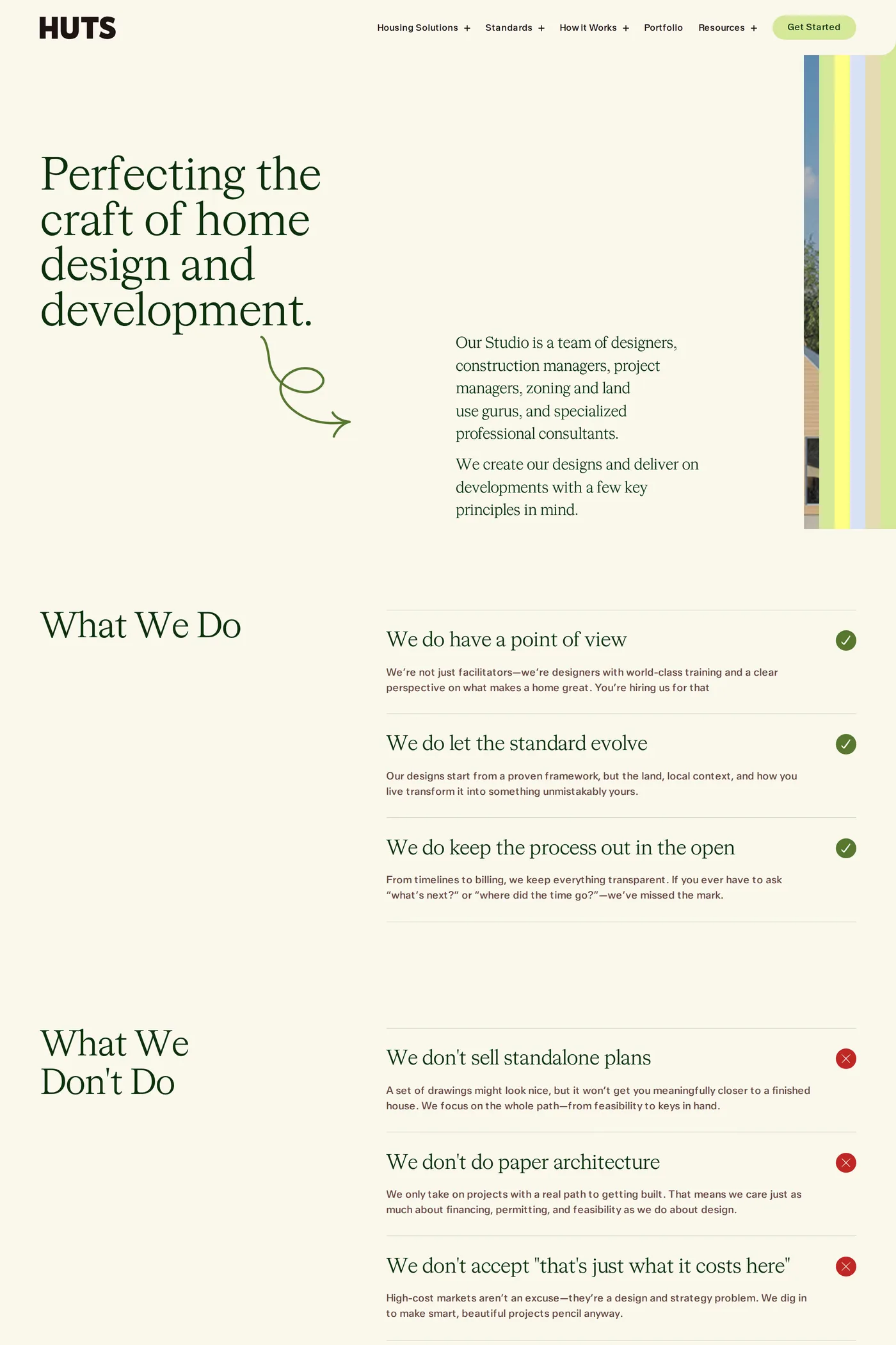 Huts — screenshot of the features page