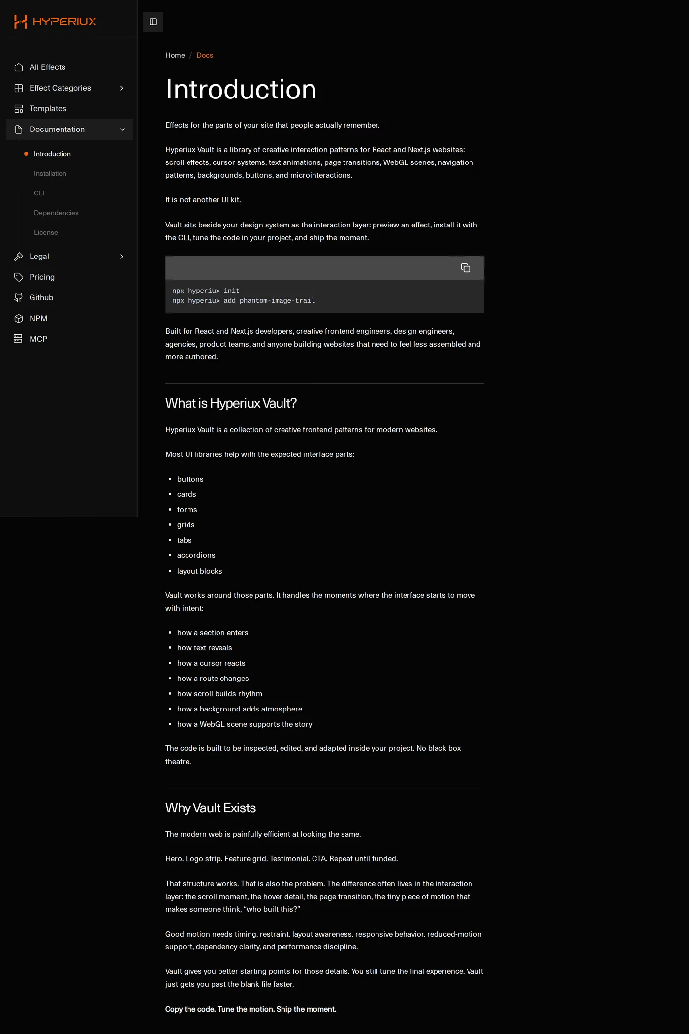 Hyperiux Vault — screenshot of the docs page