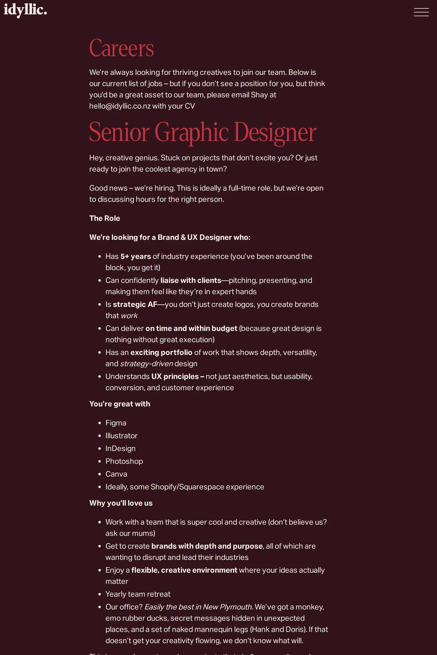 Idyllic — screenshot of the careers page