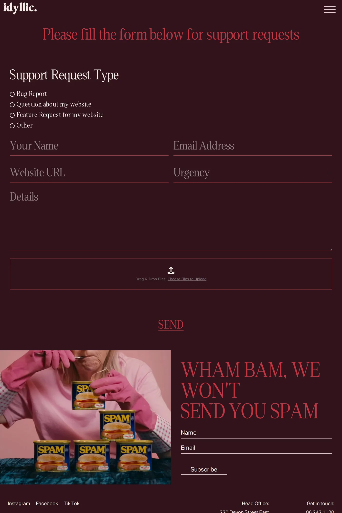 Idyllic — screenshot of the contact page