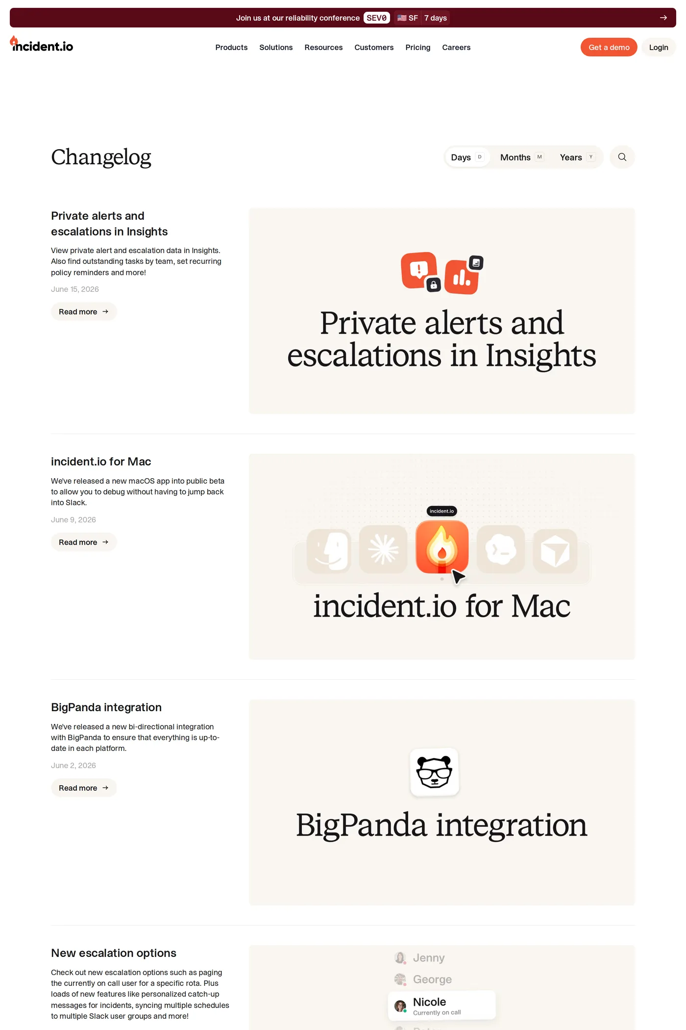 incident.io — screenshot of the changelog page