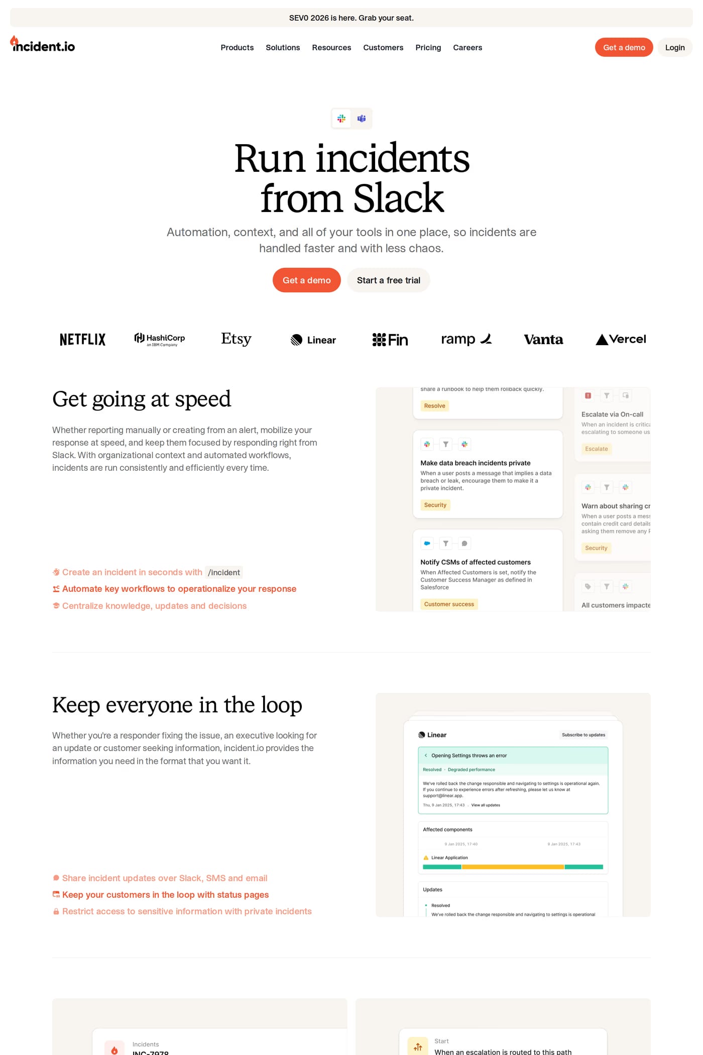 incident.io — screenshot of the features page