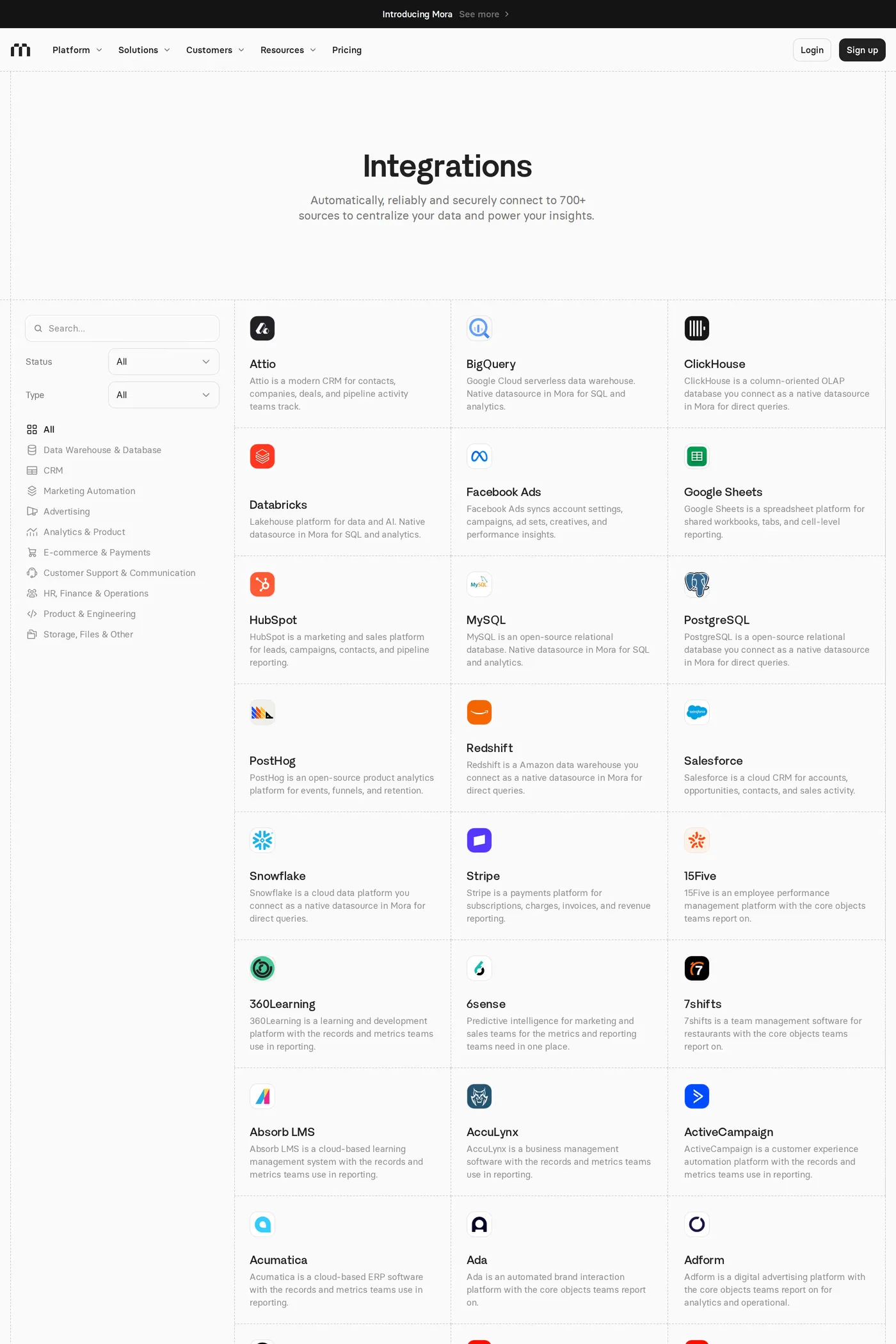 Index — screenshot of the integrations page