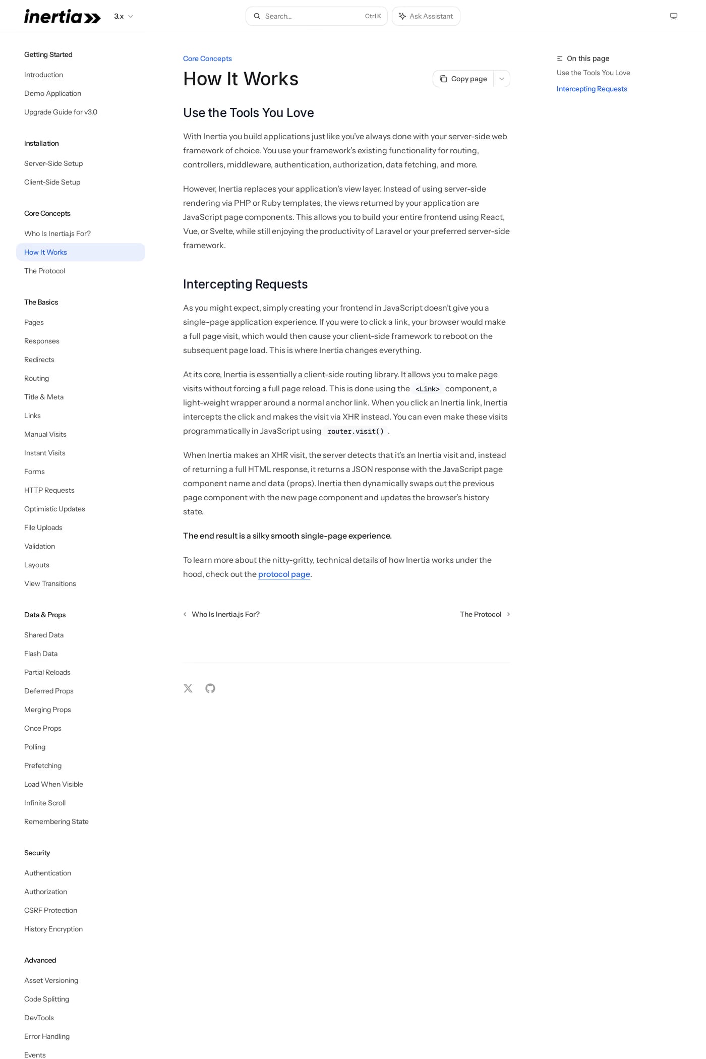 Inertia.js — screenshot of the docs page