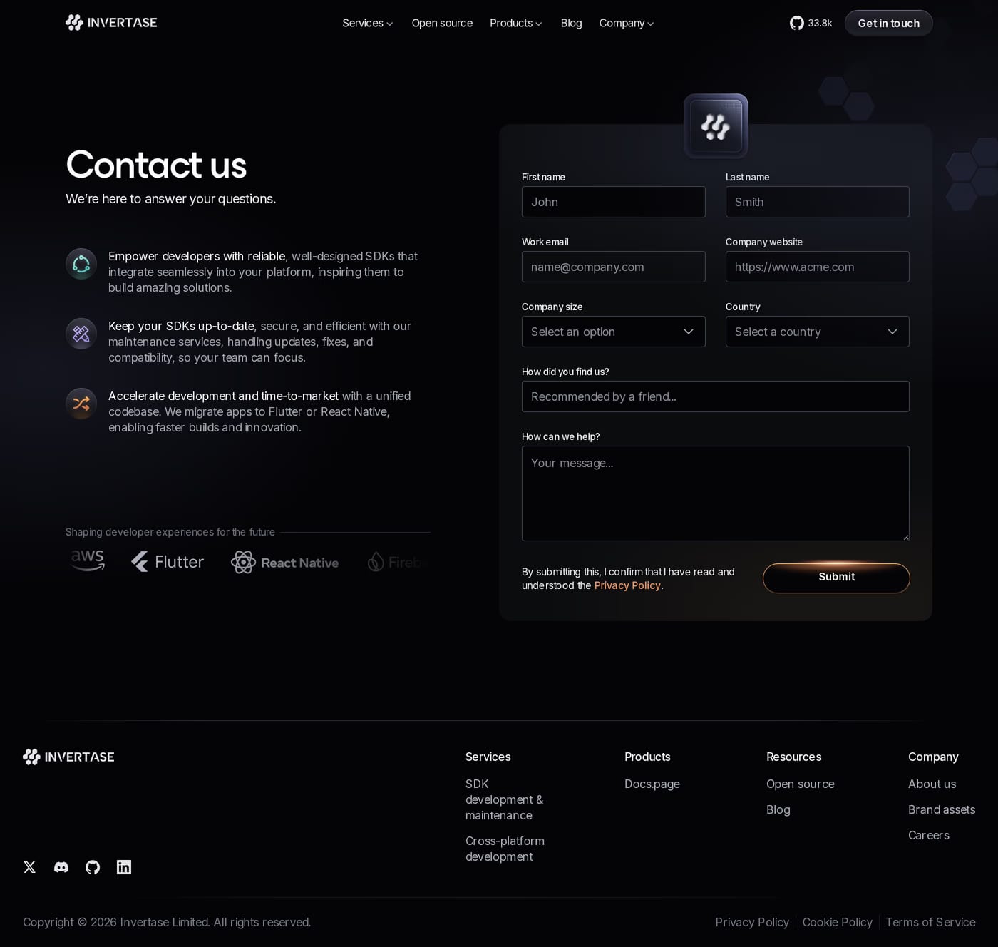 Invertase — screenshot of the contact page