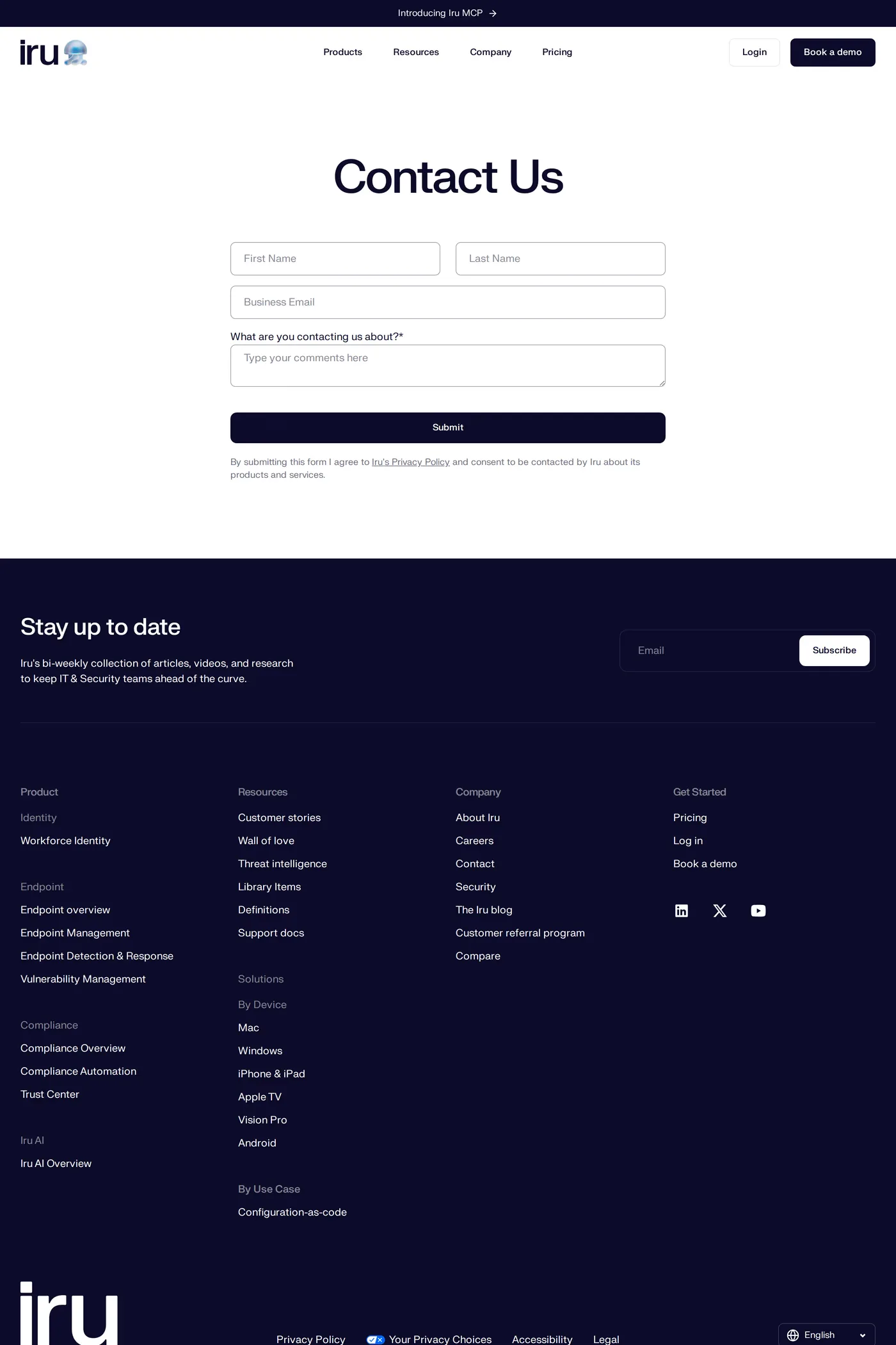 Iru — screenshot of the contact page