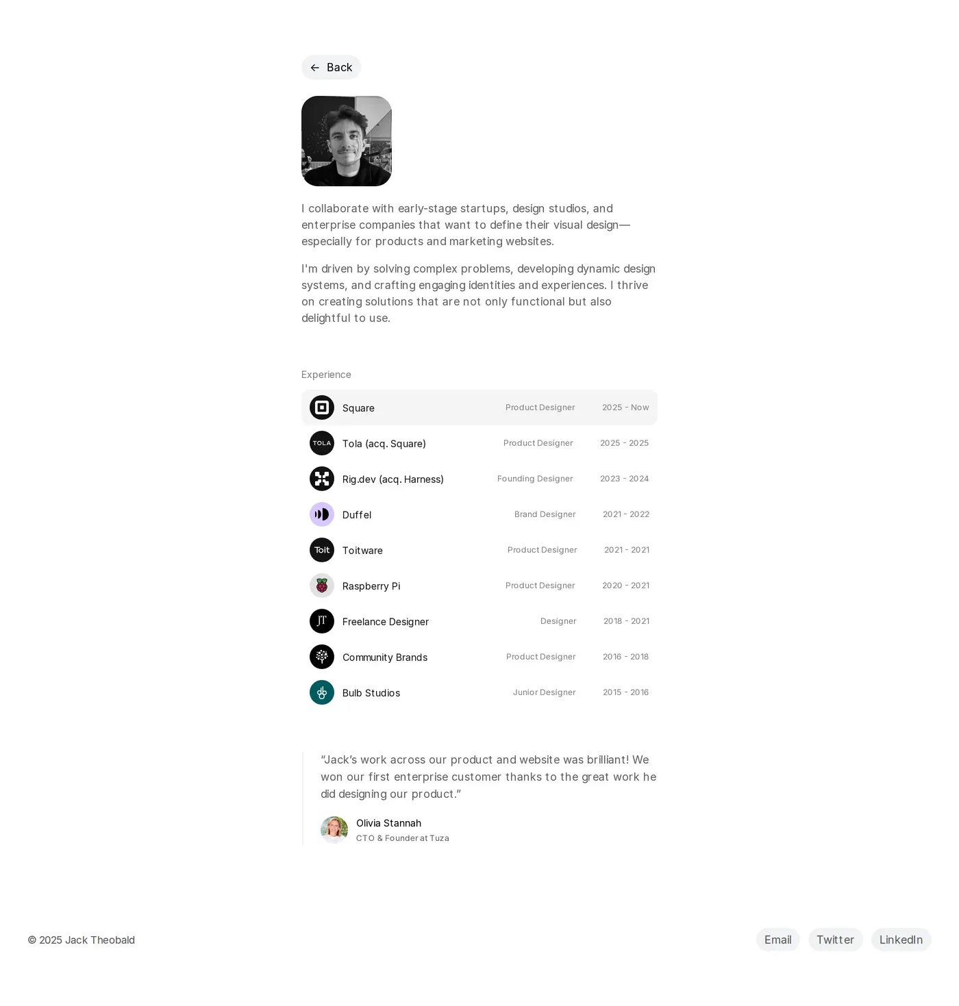 Jack Theobald — screenshot of the about page