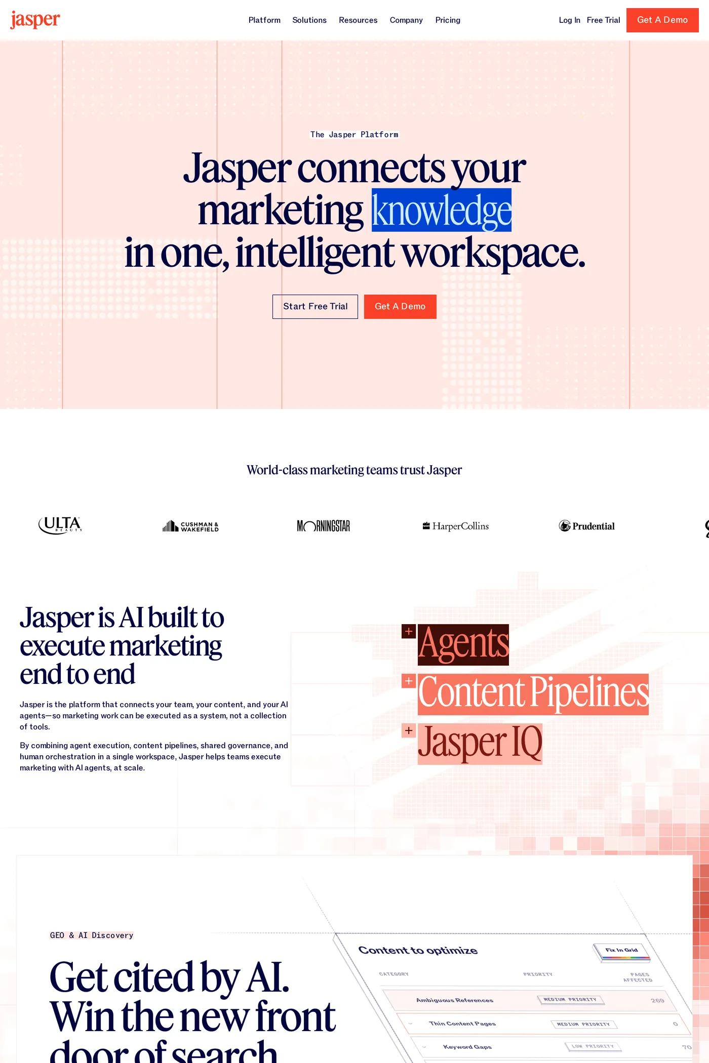 Jasper — screenshot of the features page