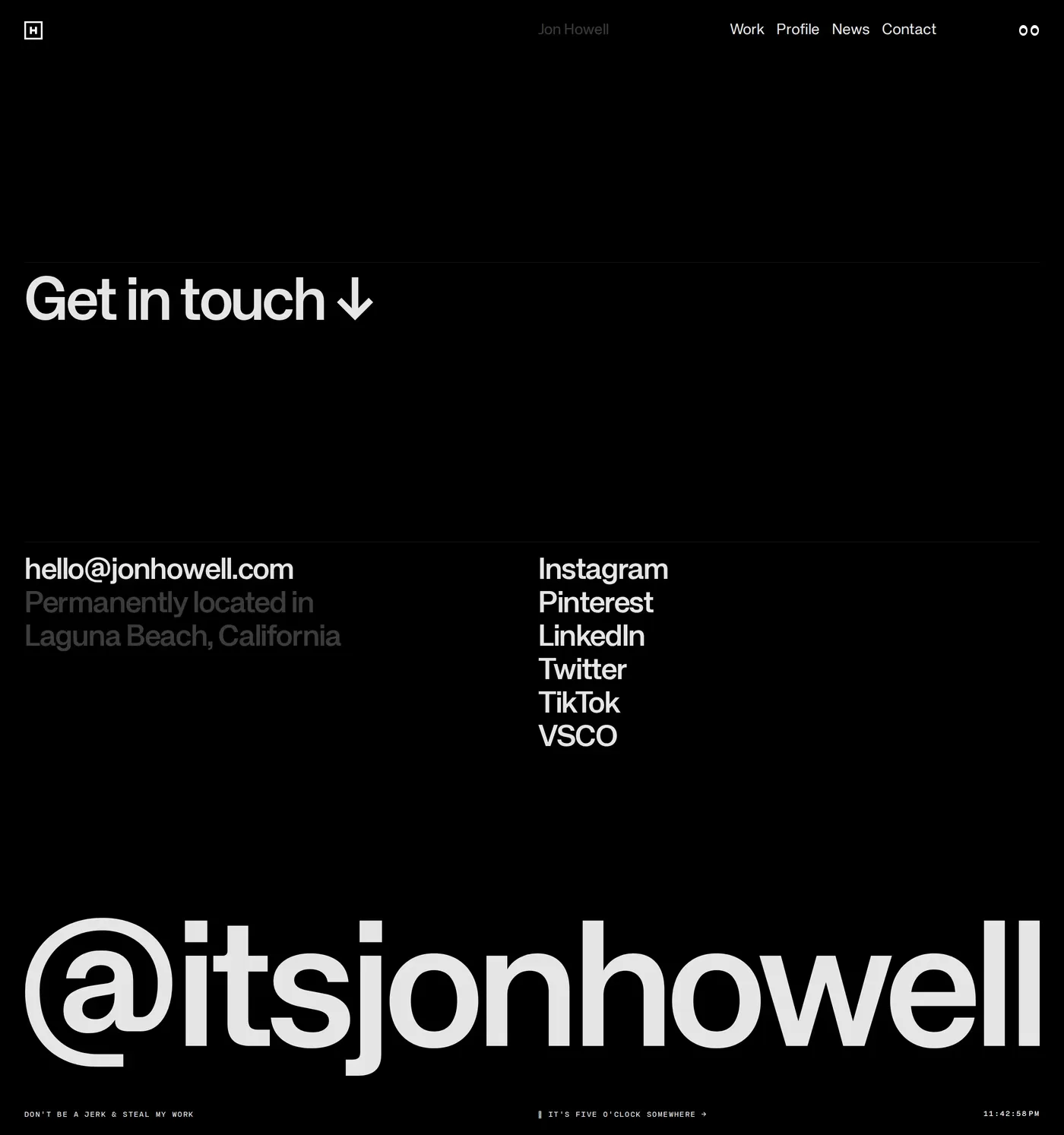 Jon Howell — screenshot of the contact page