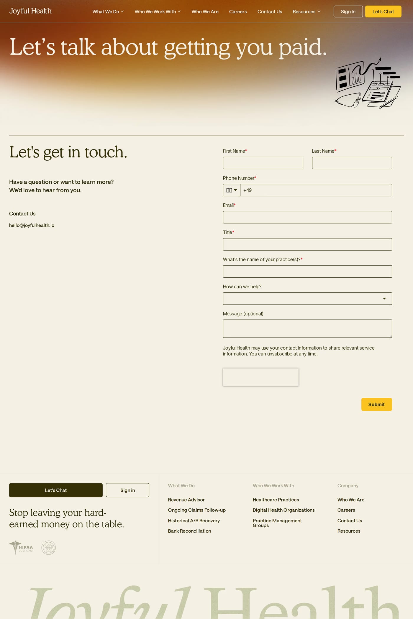Joyful Health — screenshot of the contact page