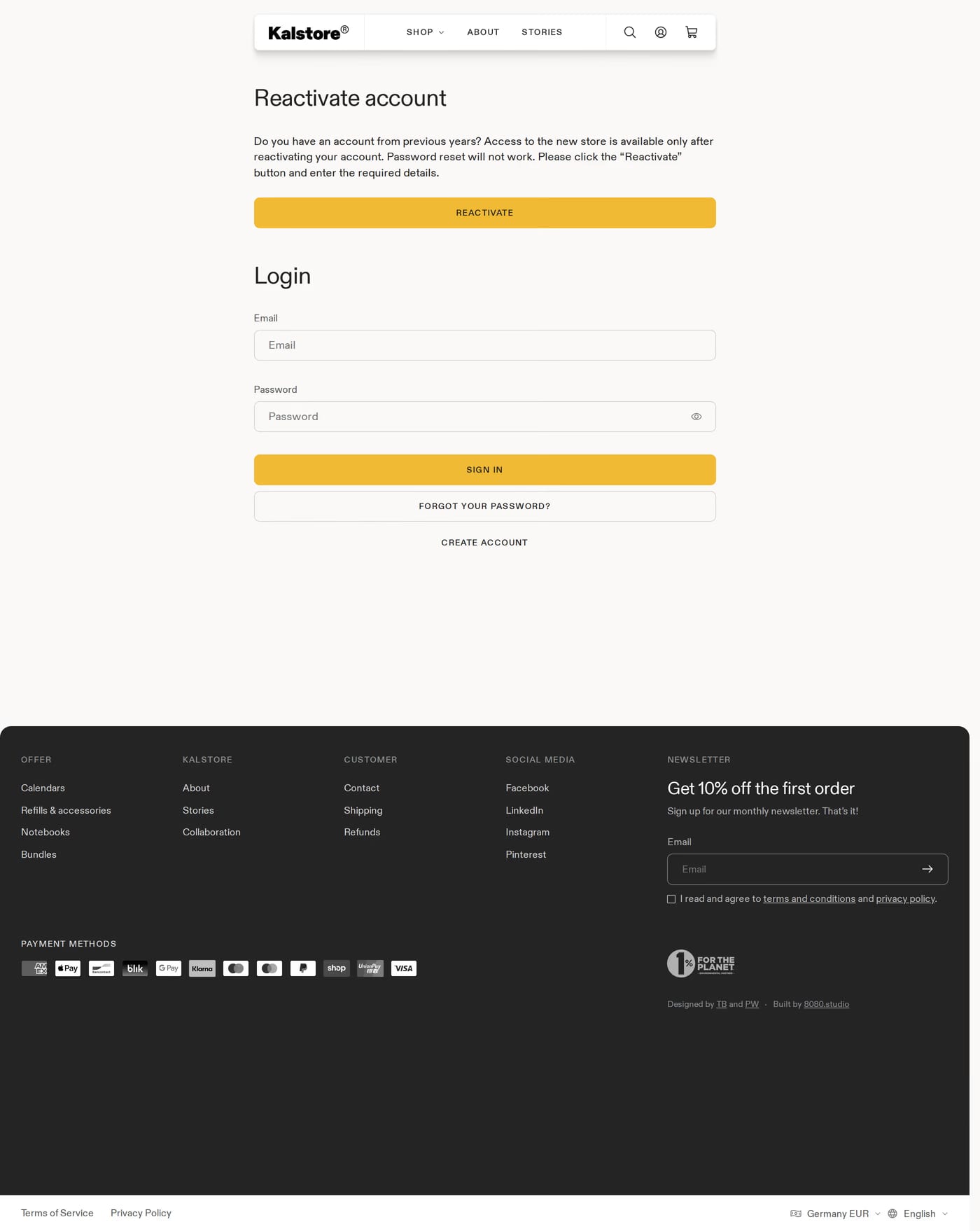 Kalstore® — screenshot of the login page