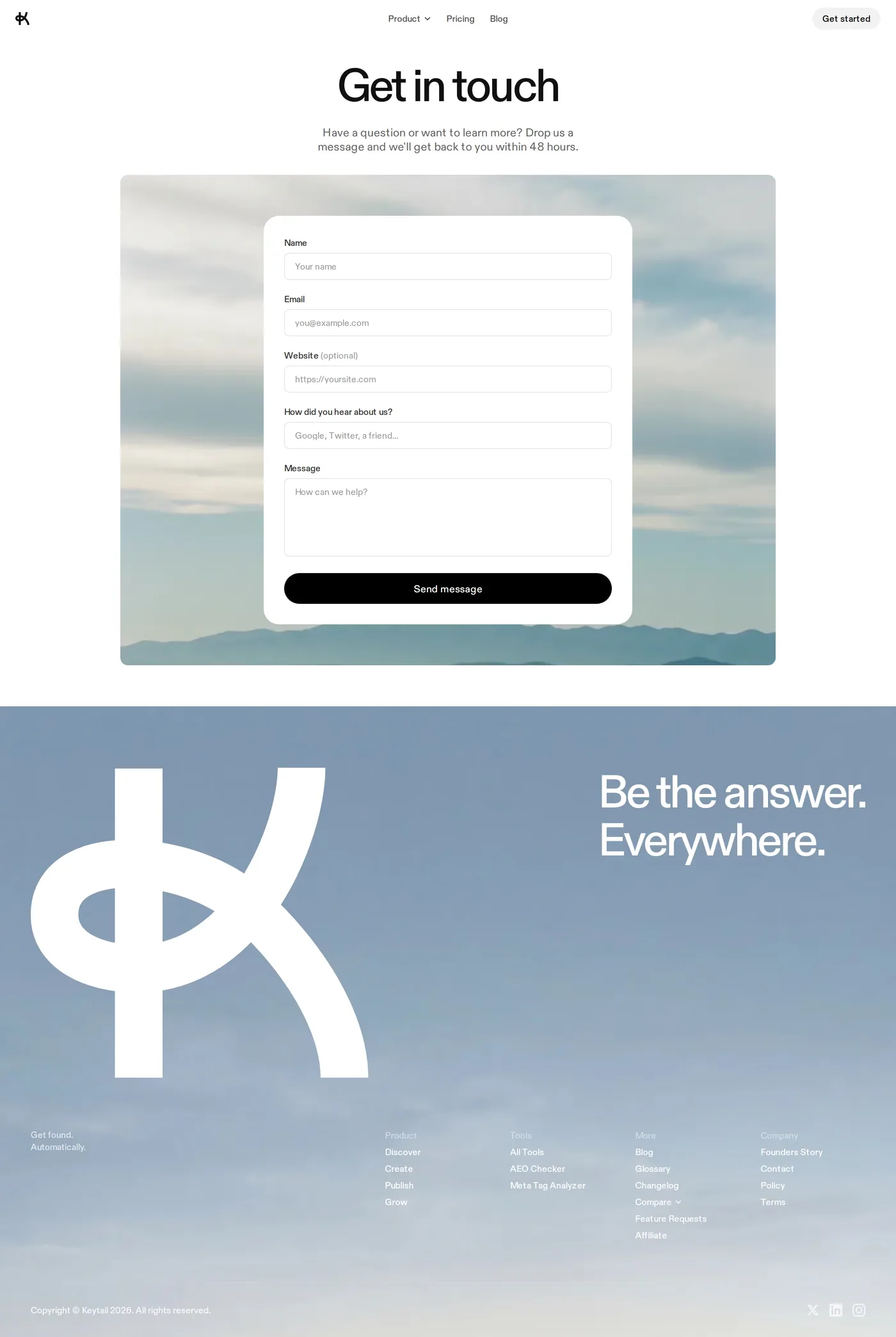 Keytail — screenshot of the contact page