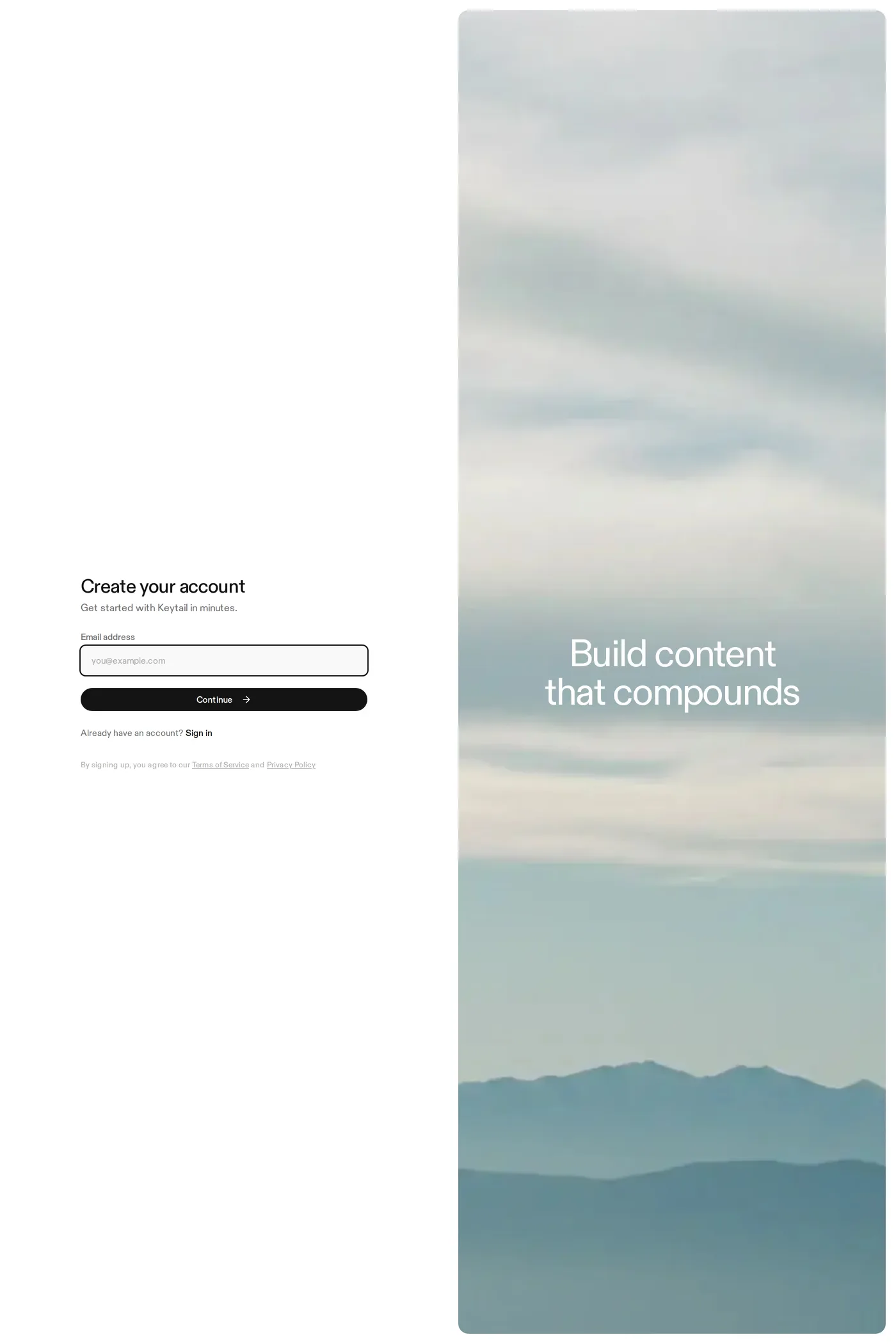 Keytail — screenshot of the sign up page
