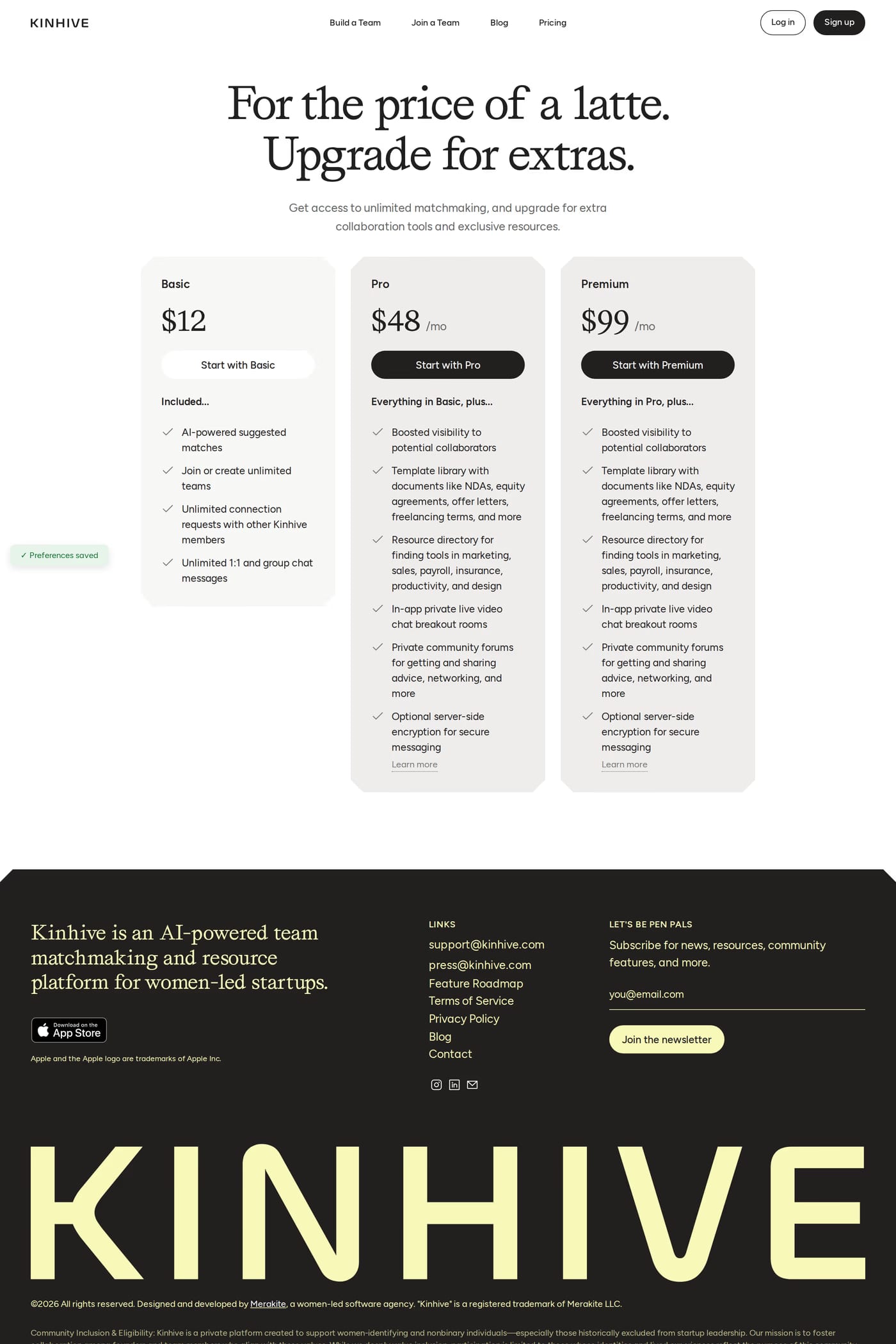 Kinhive pricing page