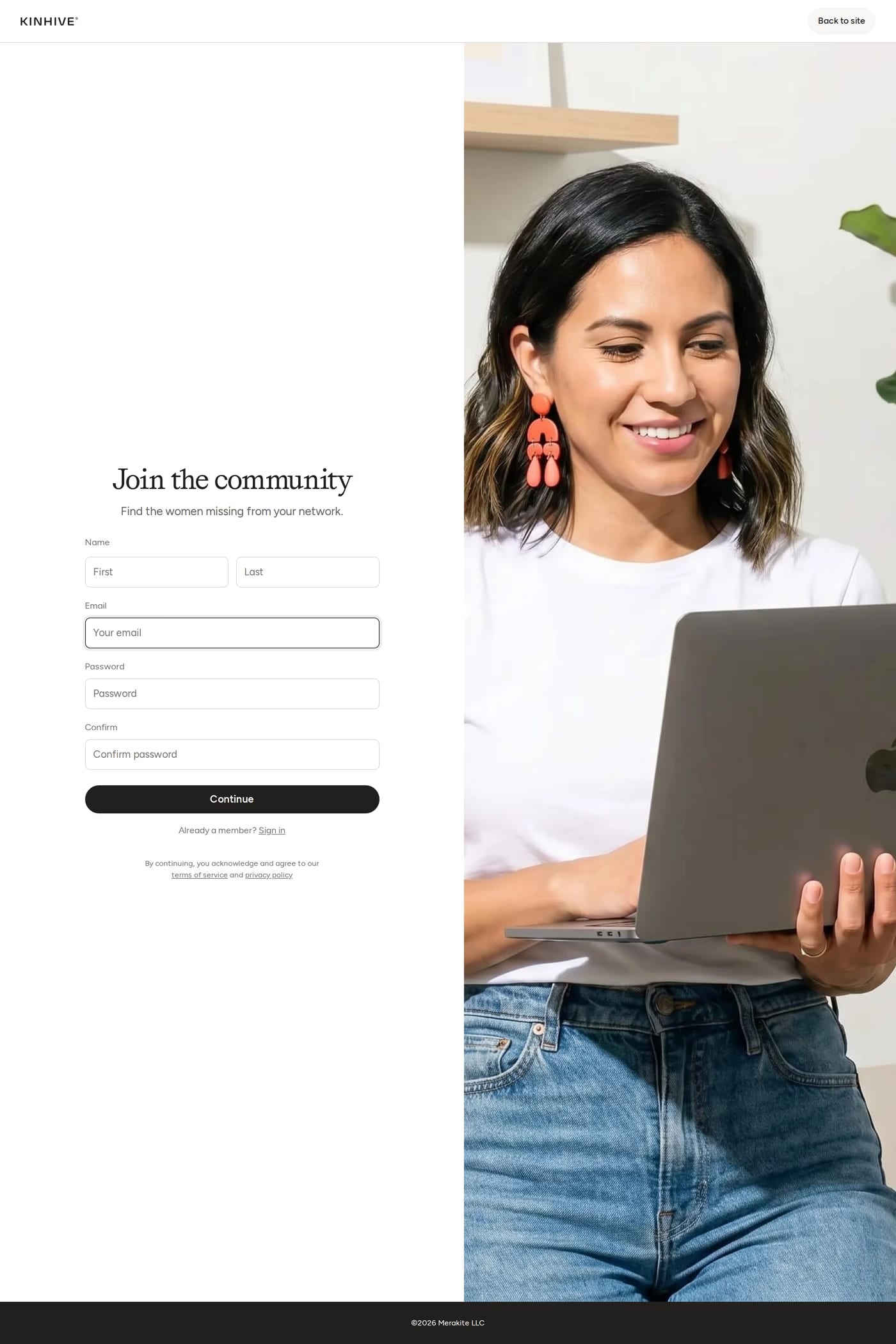 Kinhive sign up page
