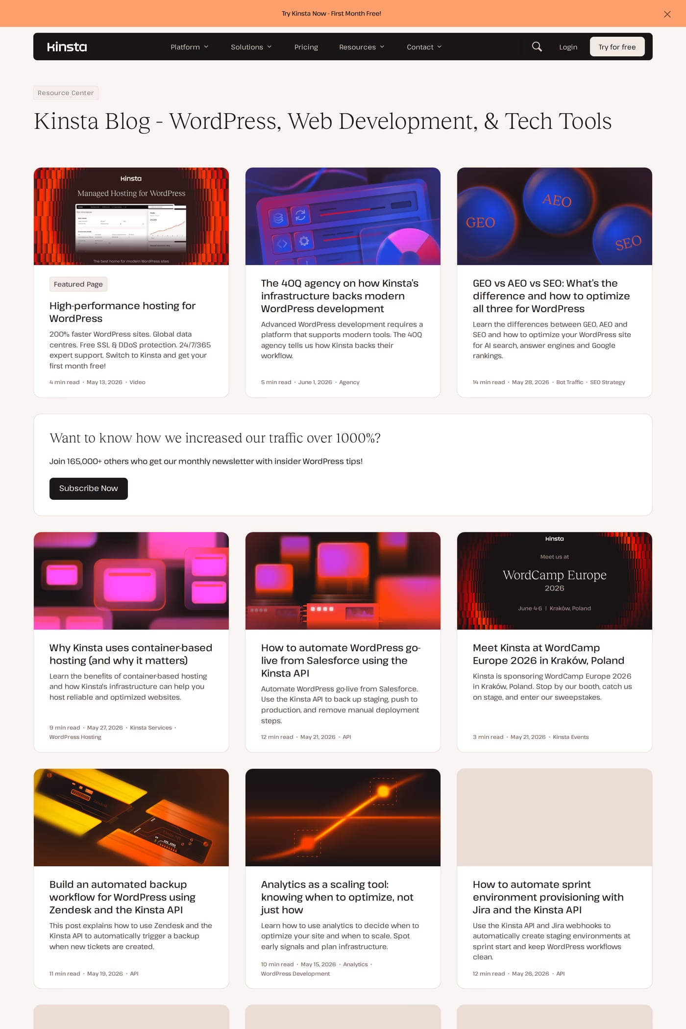 Kinsta — screenshot of the blog page