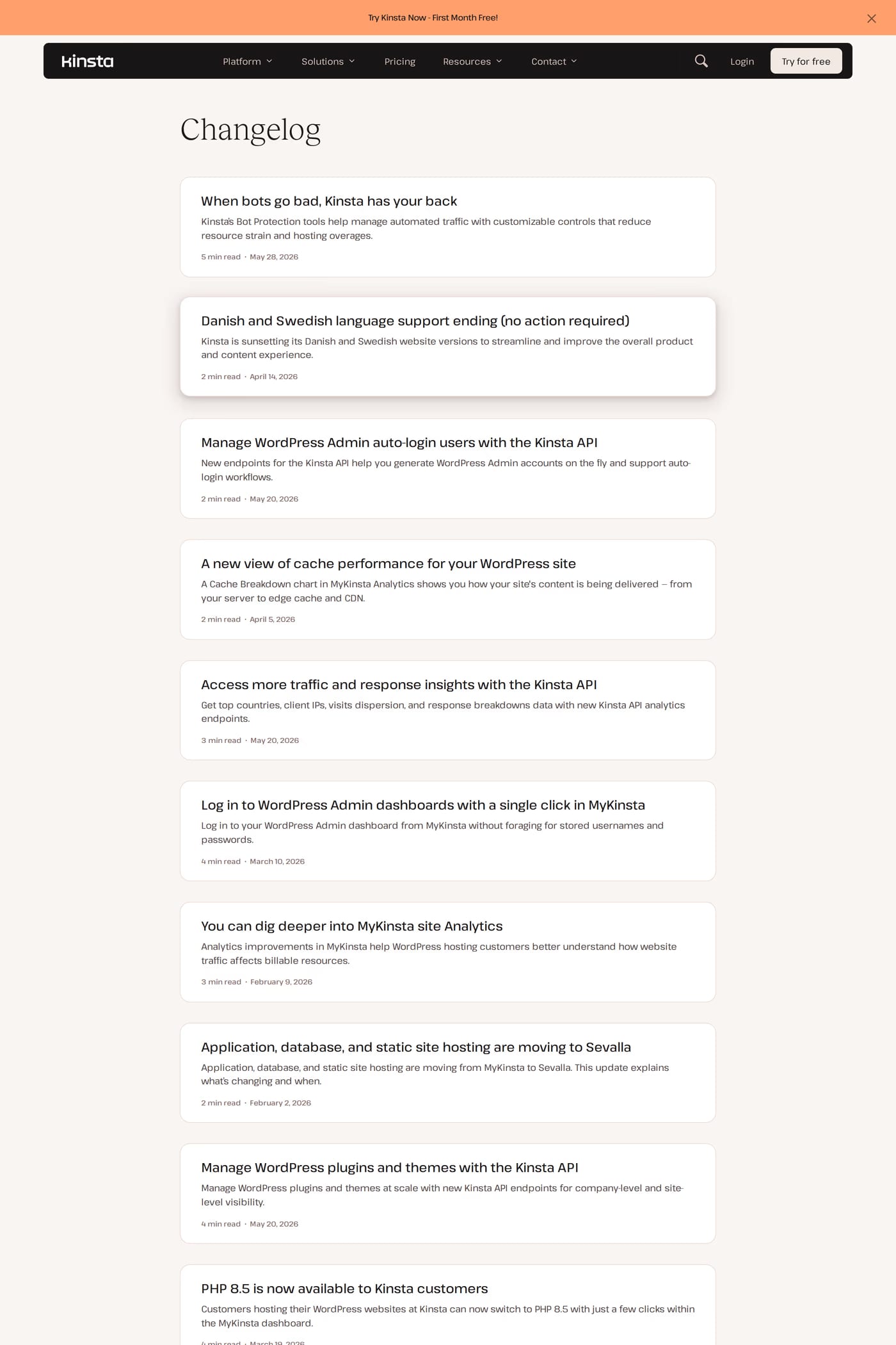 Kinsta — screenshot of the changelog page