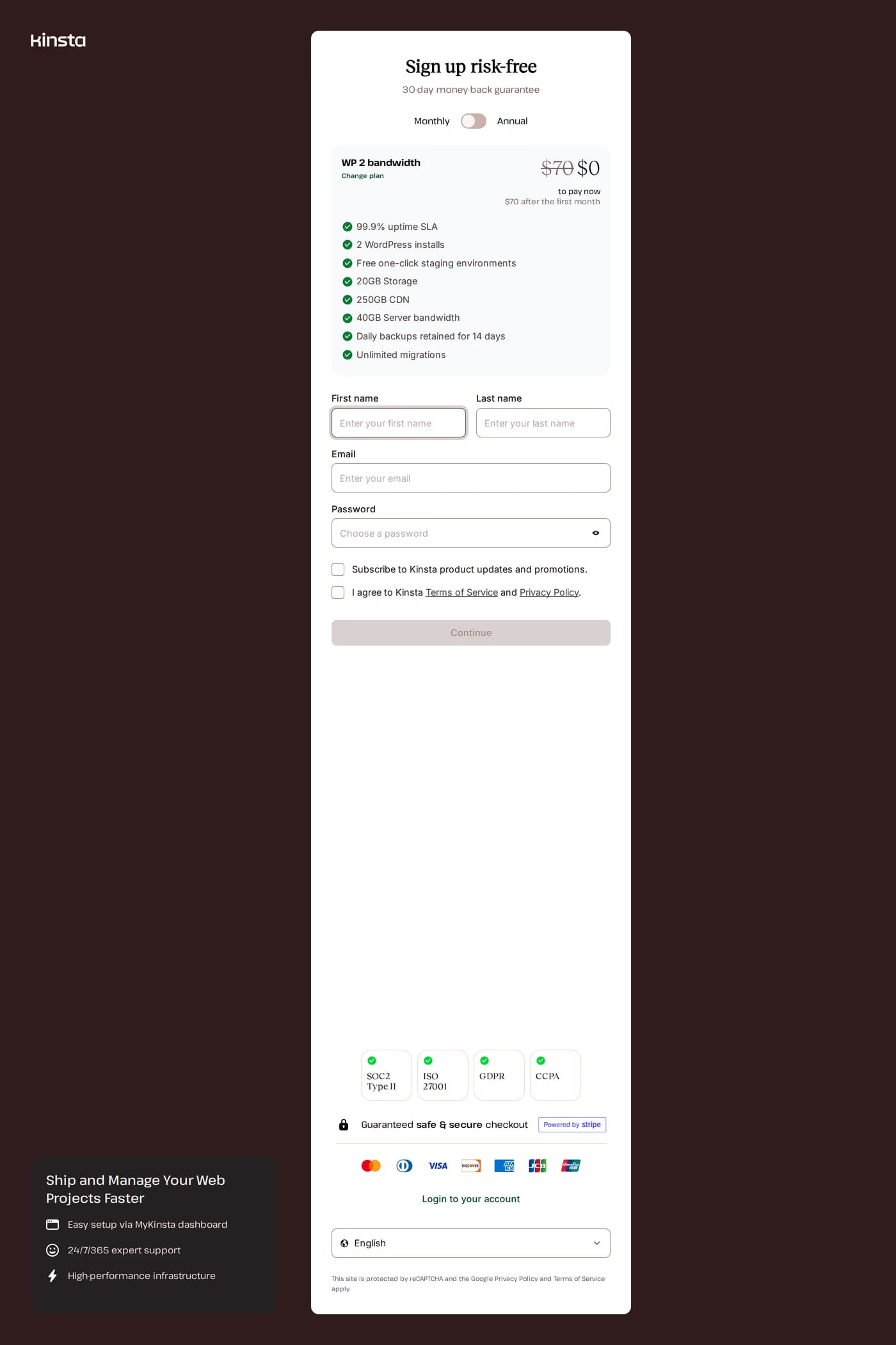 Kinsta — screenshot of the sign up page