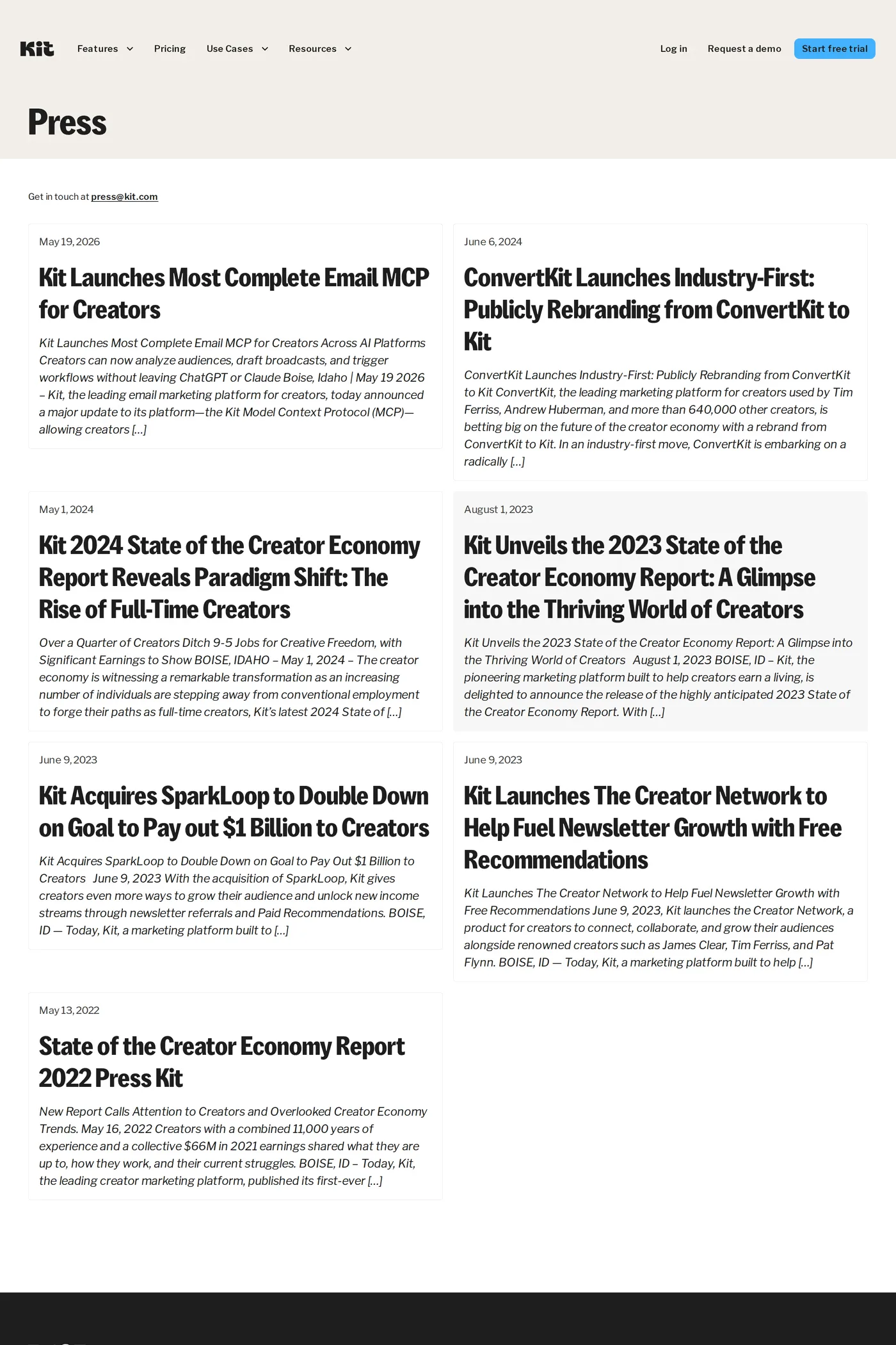 Kit — screenshot of the blog page