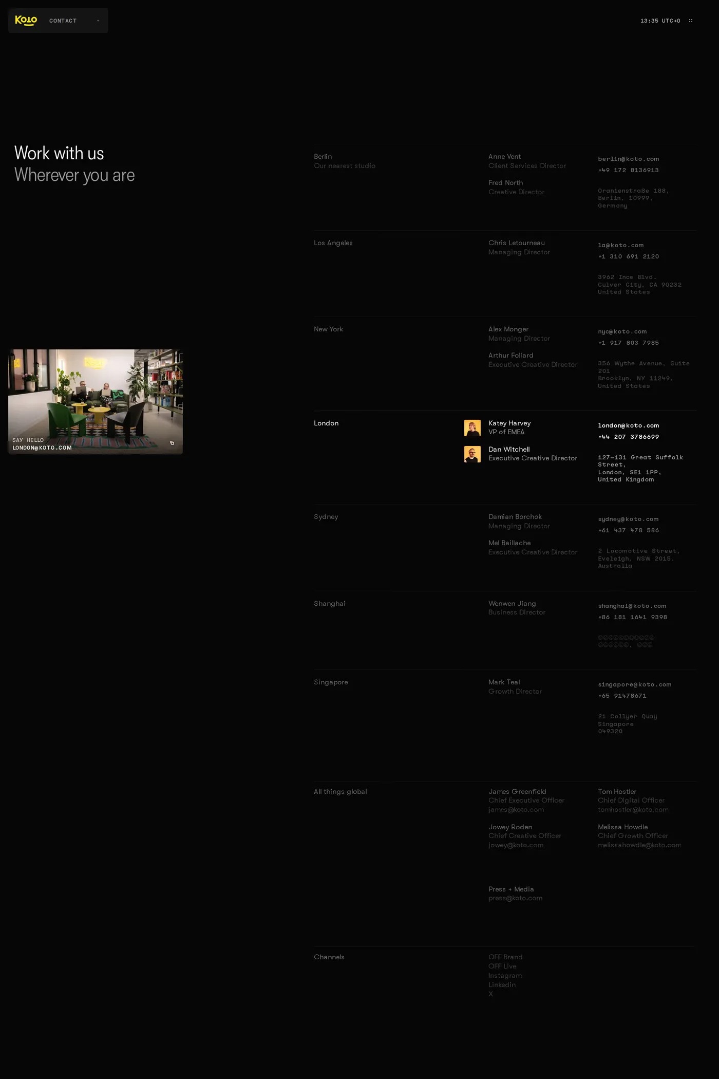 Koto — screenshot of the contact page
