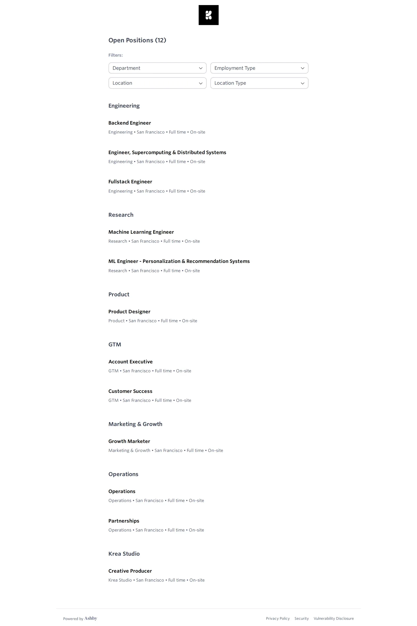 Krea — screenshot of the careers page