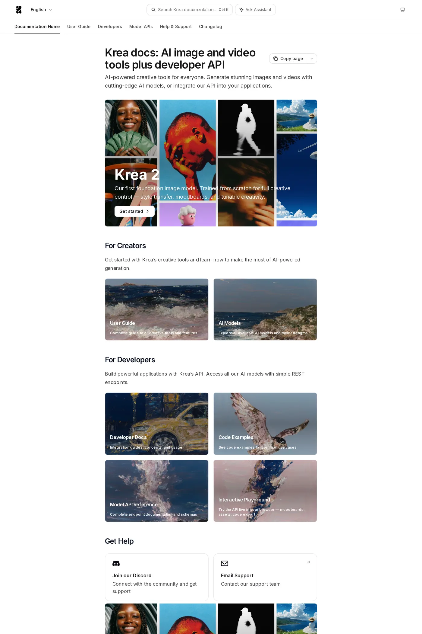 Krea — screenshot of the docs page